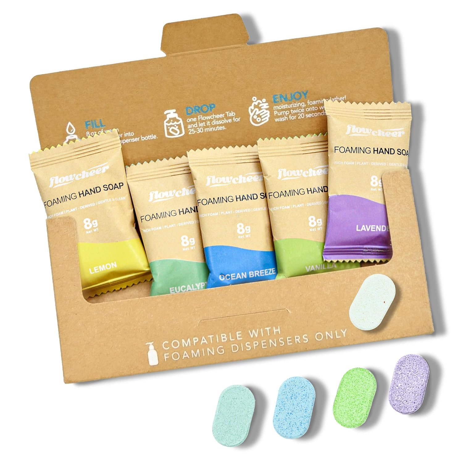 flowcheer Foaming Hand Soap Tablet Refills-5 Sample Pack Hand Wash Tablets Zero Waste Eco Friendly Cleaning Supplies-Fills 5 X 8 fl oz Refillable Foam Dispenser(40 Fl oz total)