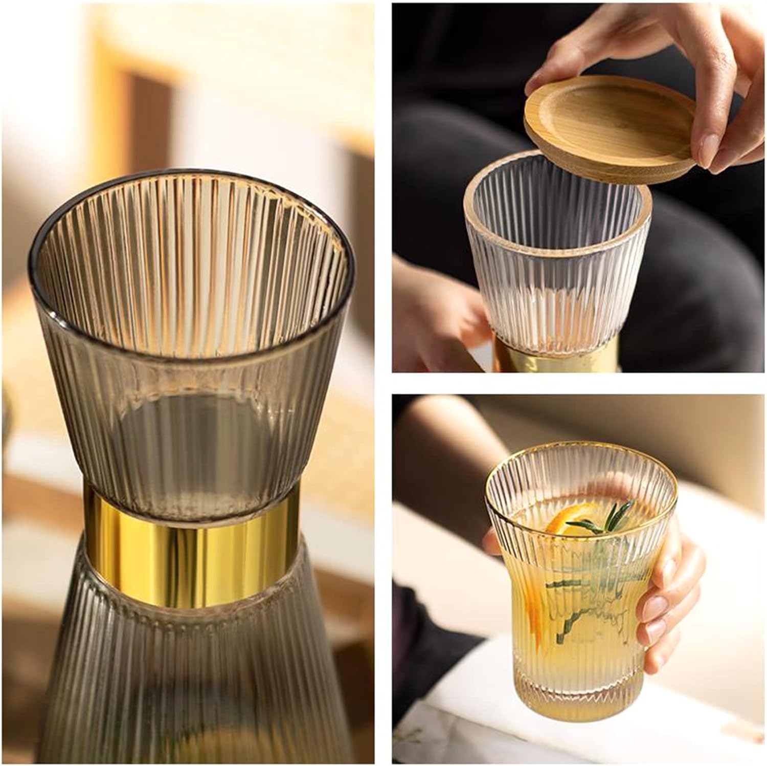 Pssopp Golden Neck Vertical Striped Glass Cooling Kettle Large Capacity Water Pitcher with For, Decoration, and Practical Usage (B)