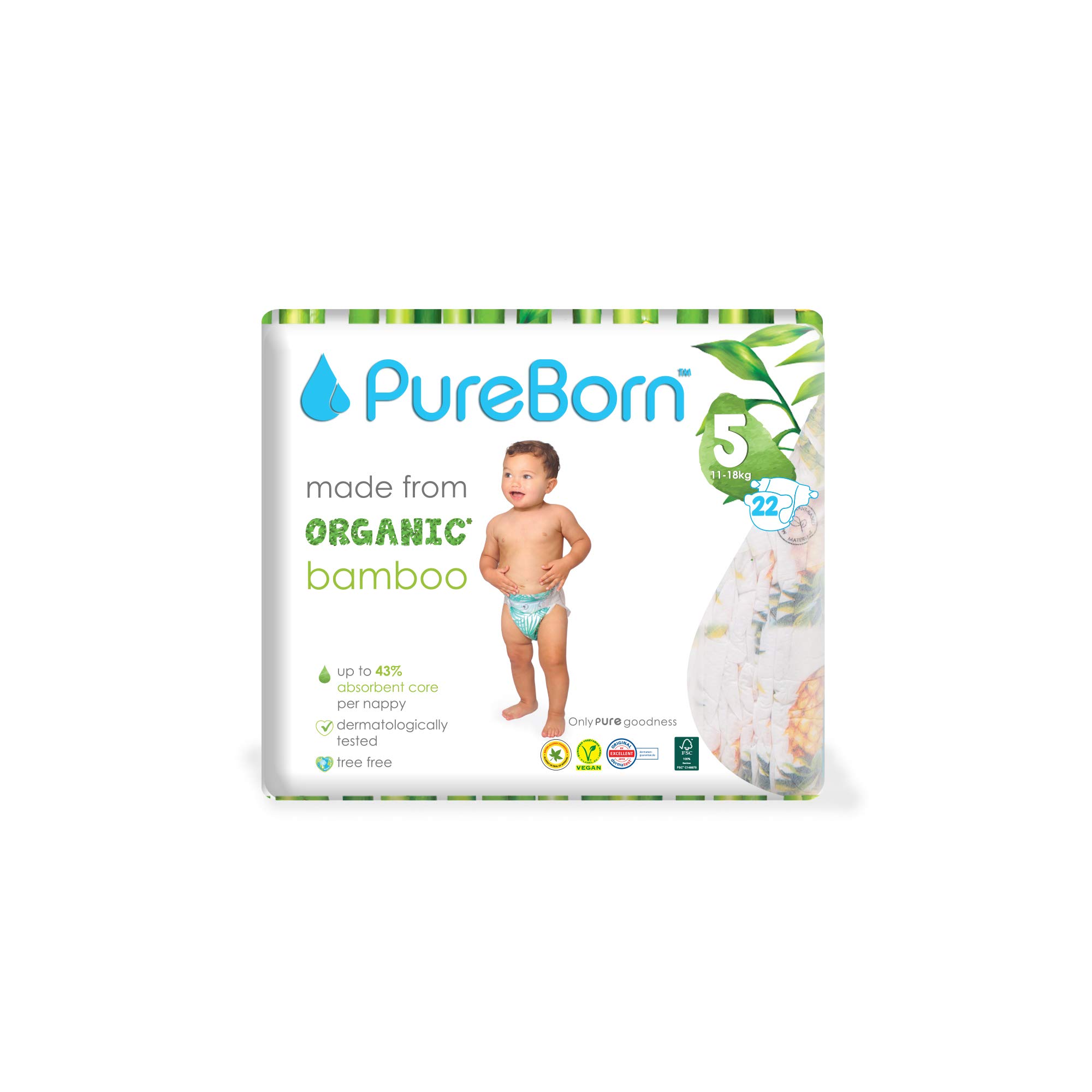 PureBorn Pineapple Diapers, Size 5, Single Nappy Pack - 11- 18 kg, 22 Count