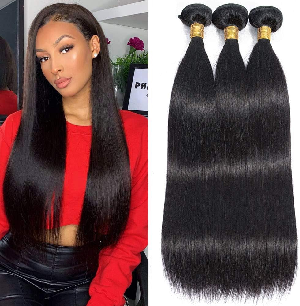 12A Straight Human Hair Bundles (16 14 12 Inch) Brazilian Straight Hair 3 Bundles Unprocessed Brazilian Virgin Hair Straight Bundles Natual Black Color 300g Total