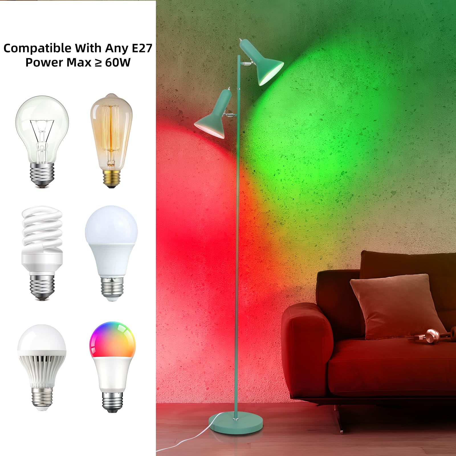 Lampa de Pie de Salotto DIYA-Verde, 2x E27 MAX. 60W Floor lamp, Lampada da Terra Vintage altezza 171CM, Lampada da Terra Retrò in Metallo per Camera da Letto, Studio, Ufficio, Pianta