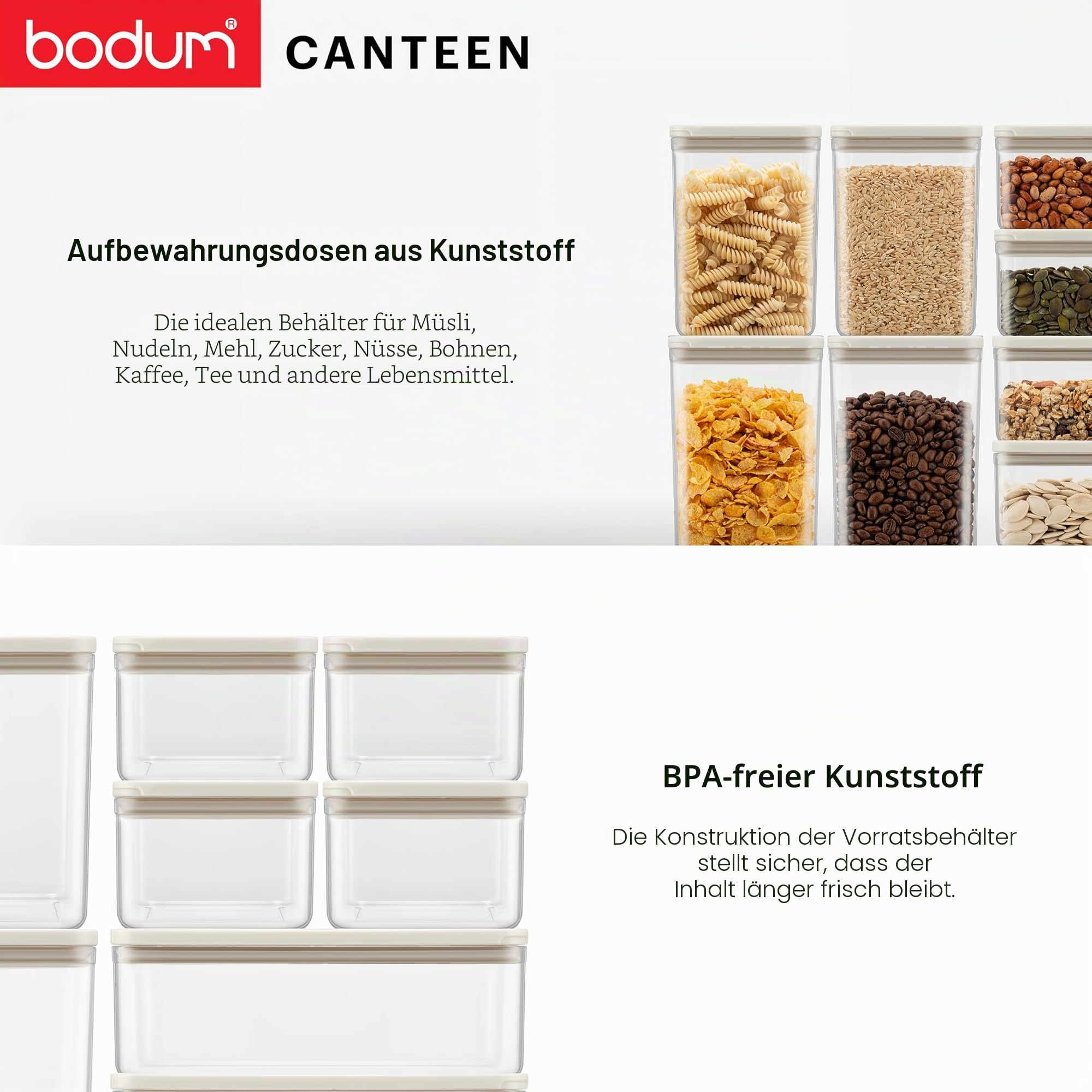 Bodum Vorratsdosen Set CANTEEN – 12-teilig mit weißen Deckeln – BPA-frei & spülmaschinenfest – Stapelbare, transparente Aufbewahrungsbehälter