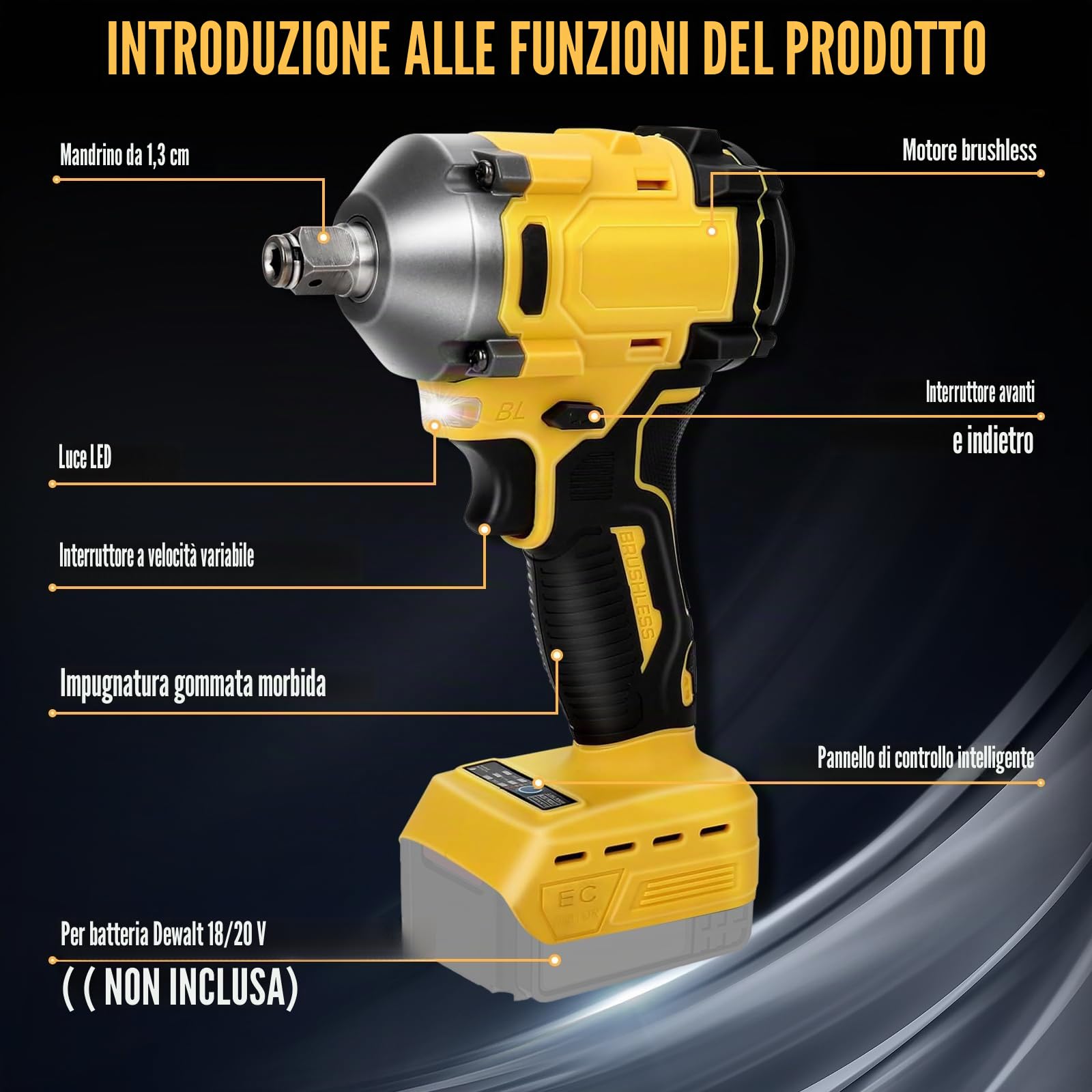 Avvitatore a Impulsi Senza Fili, 600Nm 1/2 Pollice Brushless Compatibile con Dewalt 18V 20V, Chiave Elettrica con 3 Velocità Regolabili e 12 Accessori per Auto, Mobili, Cambio Pneumatici - NO Batteria