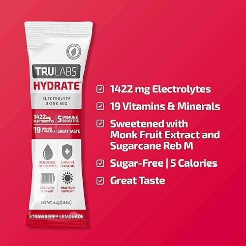 Miniatura 2 de TRULABS Hydrate - Limonada de fresa. Paquetes de hidratación de electrolitos sin azúcar. Cada porción contiene 1422 mg de electrolitos y 19