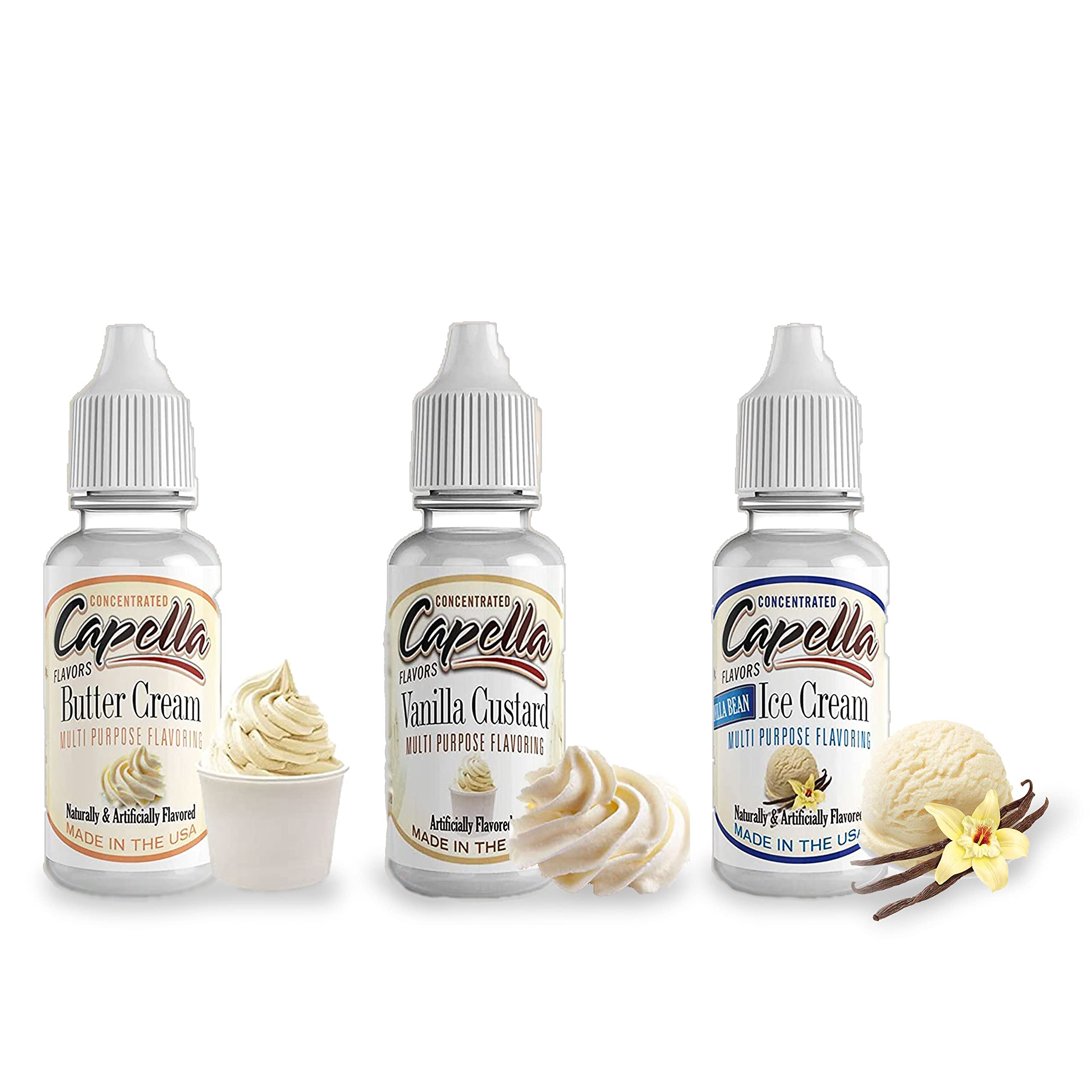 Capella Flavors Concentrated Multi Purpose Flavoring Drops Naturally and Artificially Flavored Gluten-Free — Butter Cream, Ice Cream and Vanilla Custard — 3 x 13ml Bundle