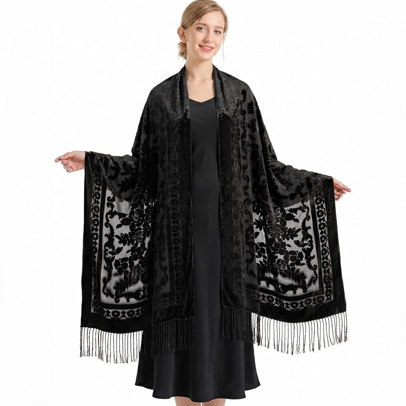 Ladiery Velvet Shawls and Wraps for Evening Dresses Formal Fringe Wrap