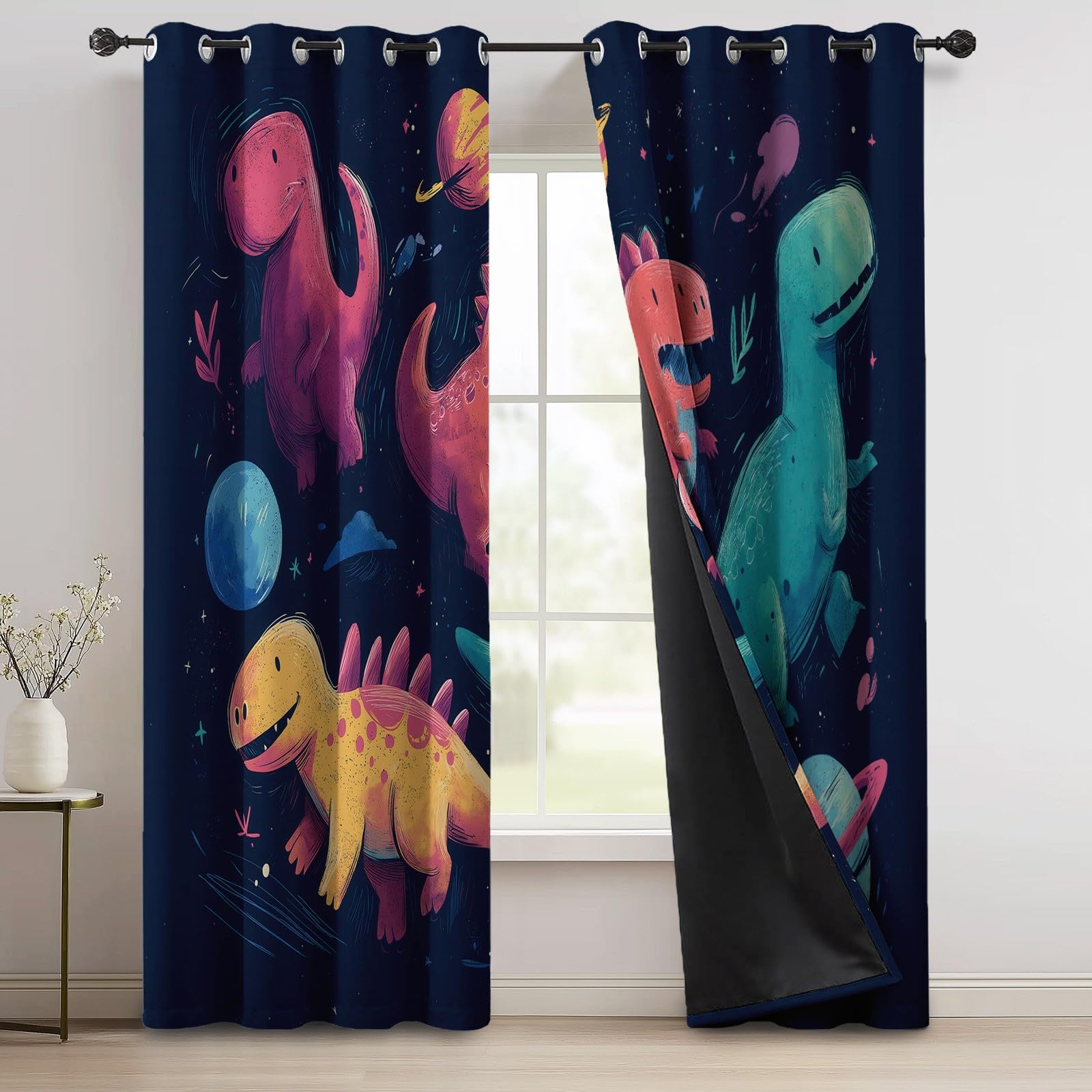 Isolant Anti-Froid Épais, Rideaux Thermiques 91.5L X 160H cm (2 Panneaux), Dinosaure De Dessin Animé Espace pour Chambre d'enfant, Coloré