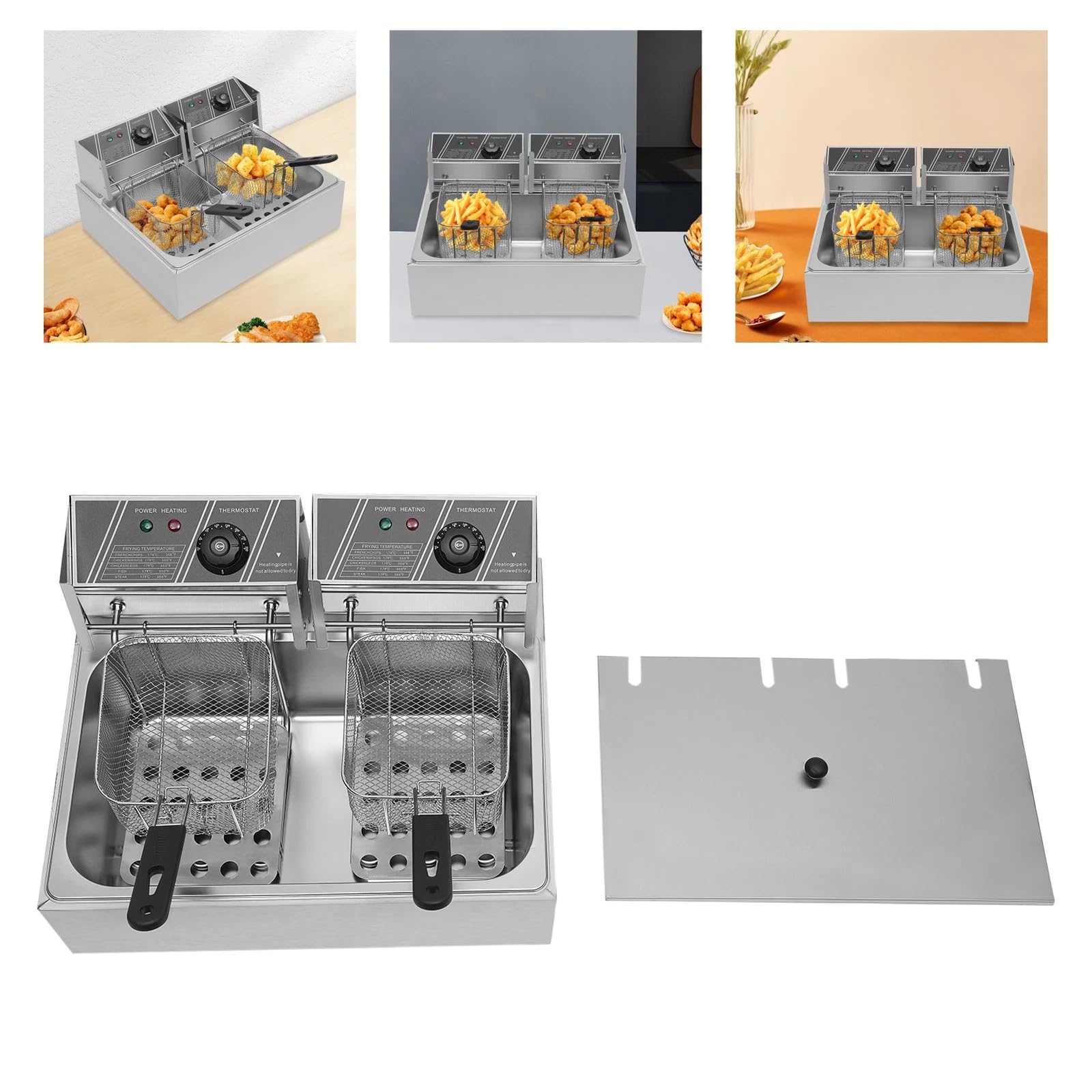 Friggitrice Elettrica Commerciale 2 Vasche da 12 L 5000W Friggitrice ad Olio in Inox con 2 Cesti per Friggitrice e Tempo Regolabile 60-200 °C per Rondelle di Cipolla, Pollo fritto Snack Bar
