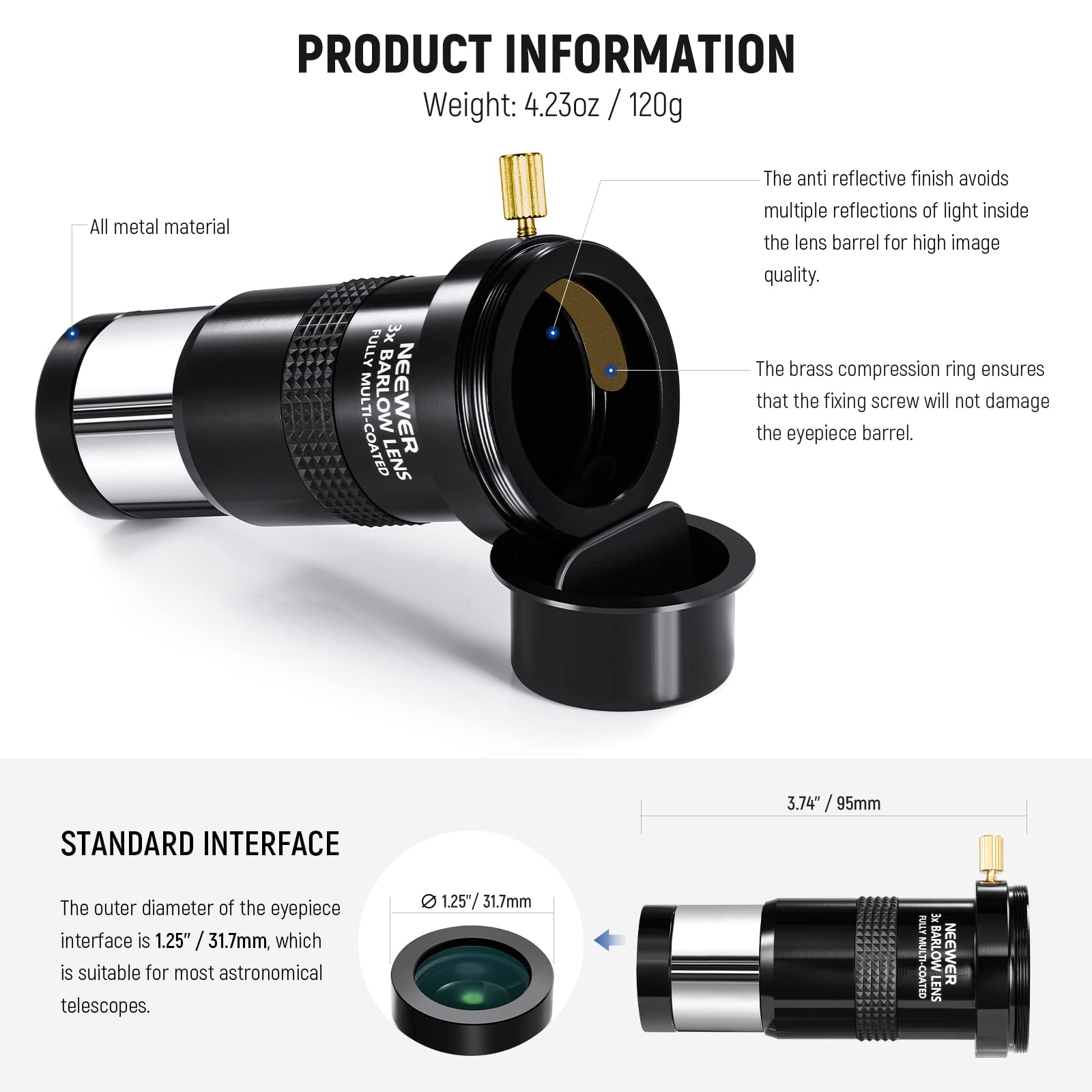 NEEWER Lentille de Barlow 3X pour Oculaire de Télescope 1,25", Accessoire pour Lentille de Télescope à Triple Grossissement, Entièrement en Métal avec Filetage M42 pour Caméra de DSLR ou SLR, LS-T11