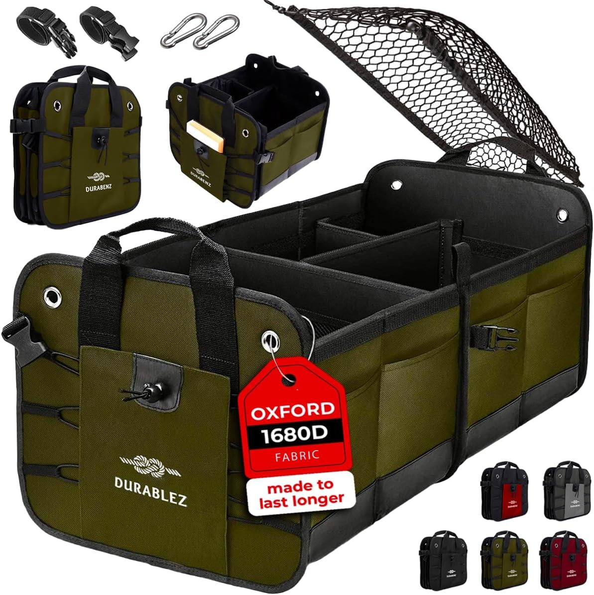Car Trunk Organizer - Collapsible, Foldable - with Covering Net, Removable Dividers, Attachable Non-Slip Pads, Mounting Straps, and Stainless Hooks - for SUV, Truck, Sedan, Minivan, and Van - Green