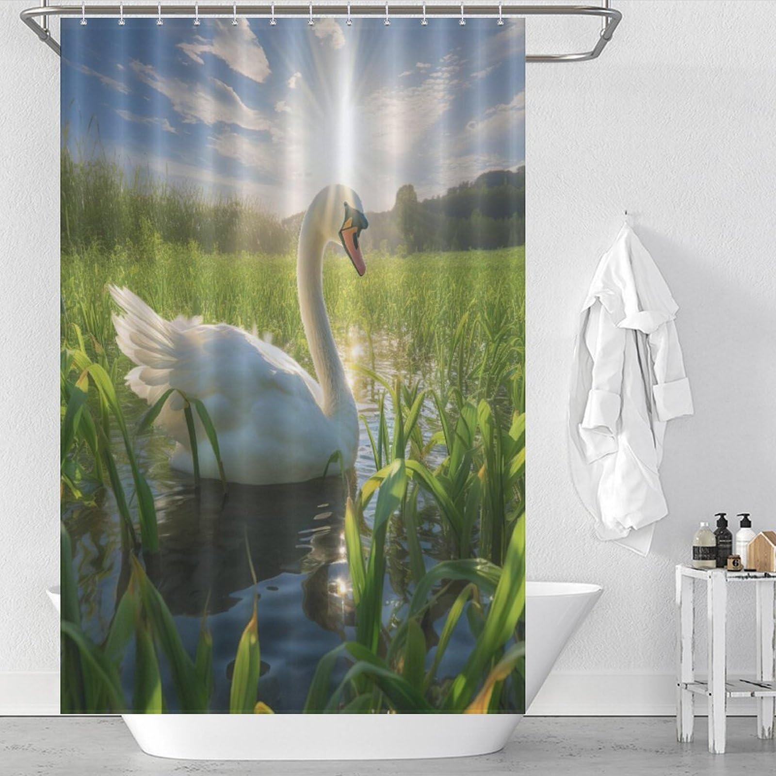 Rideau de douche cygne en polyester imperméable 122x183cm pour baignoire salle de bain avec crochets