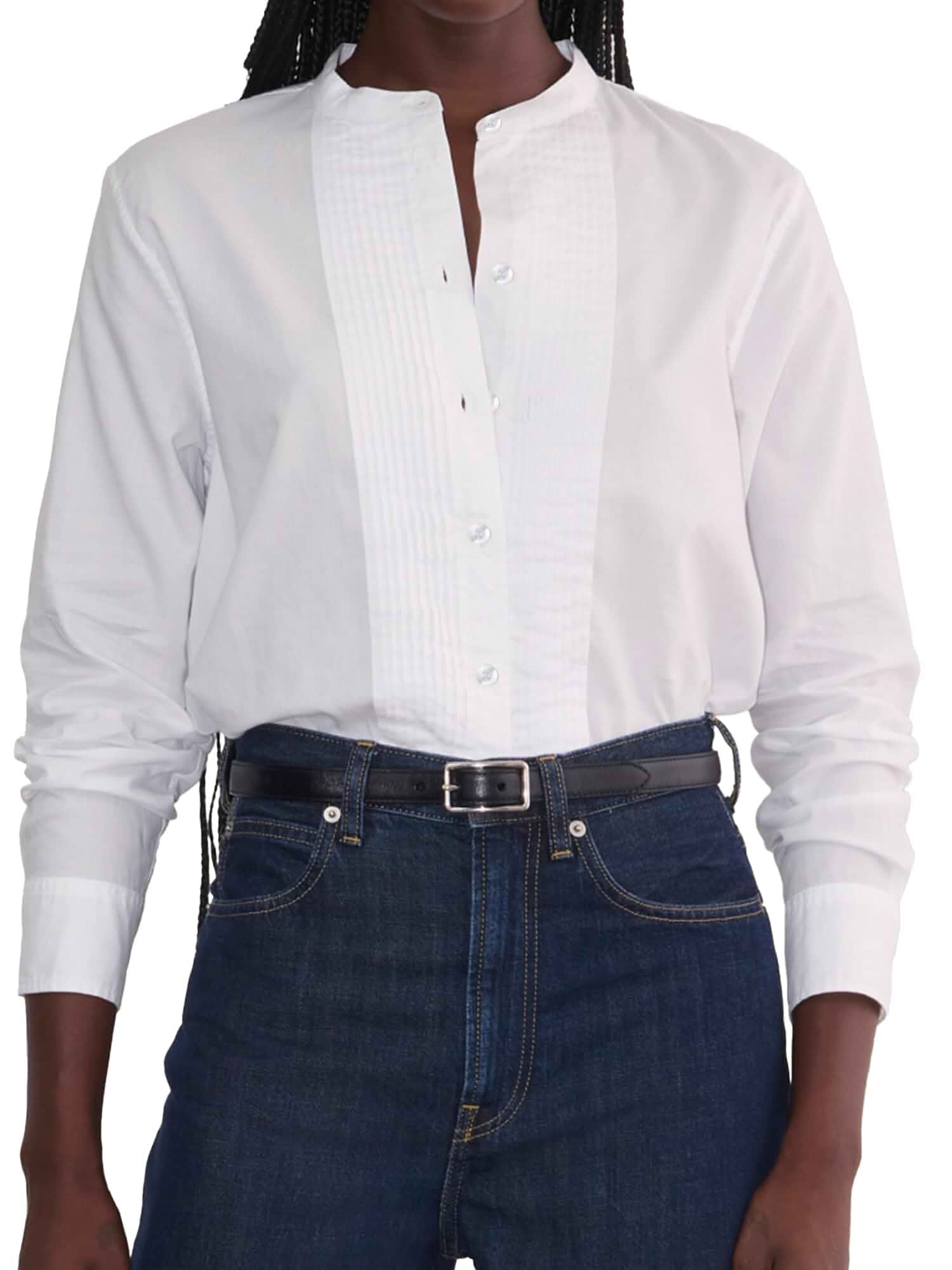 SUNNOW Women's White Tuxedo Button Up Shirt Pleated Bib Tops Long Sleeve Stand Collar Dressy Casual Blouse Regular Fit