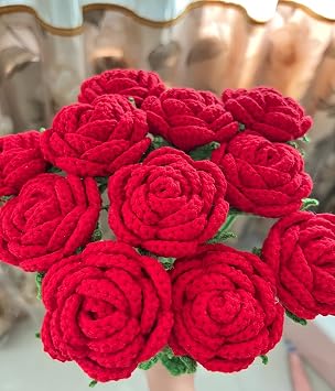 Crochet Flowers, DIY Crochet Roses Bouquet, Finished Handmade Flowers, Artificial Flowers, Knitted Red Roses for Mother, Wife, Friend 4 Pcs, Red