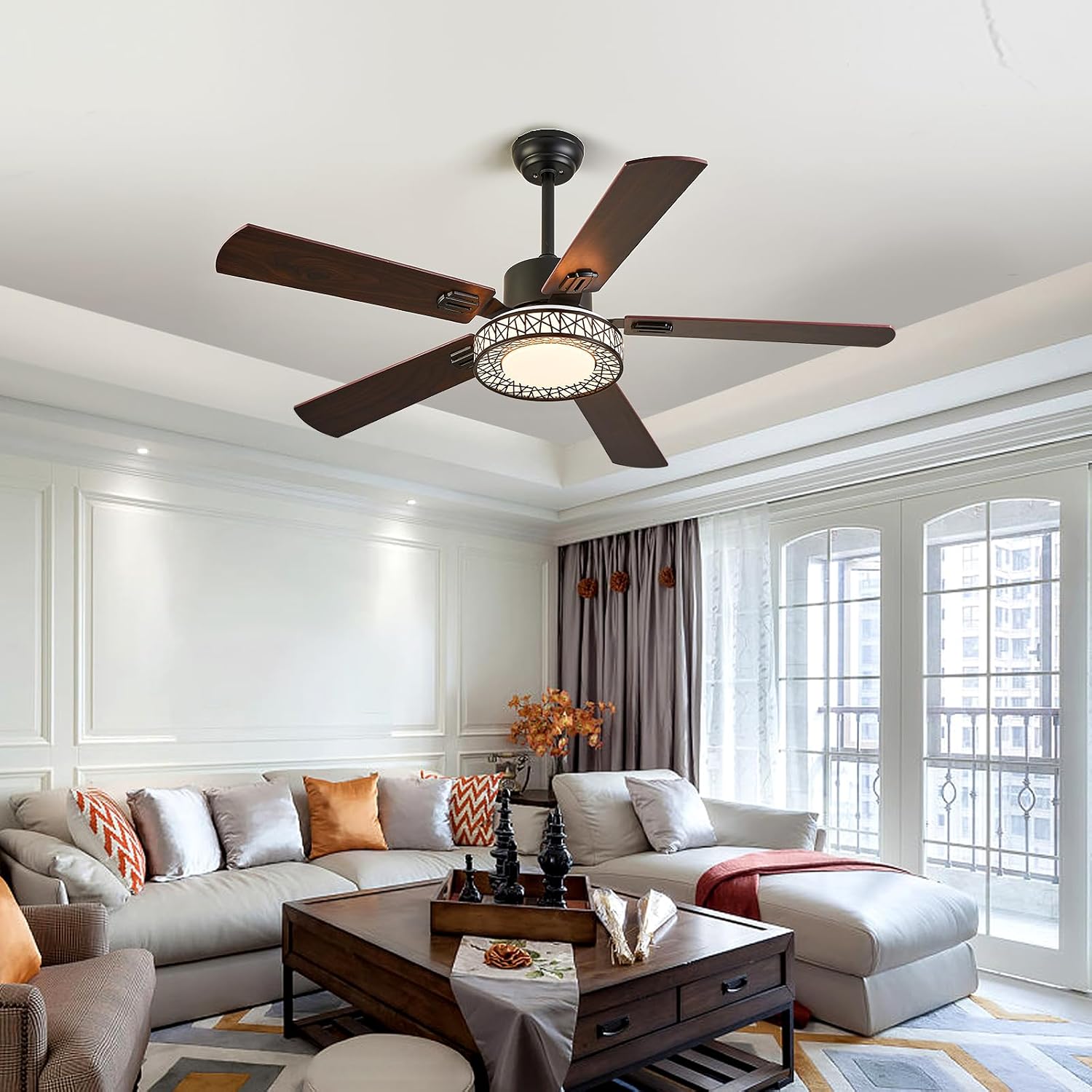 Ceiling Fan with Lights Remote Control, 52 Inch Black LED Smart Ceiling Fans Indoor/Outdoor Farmhouse Ceiling Fans for Patio Living Room, 5 Walnut Blades Reversible DC Motor with 6 Speed
