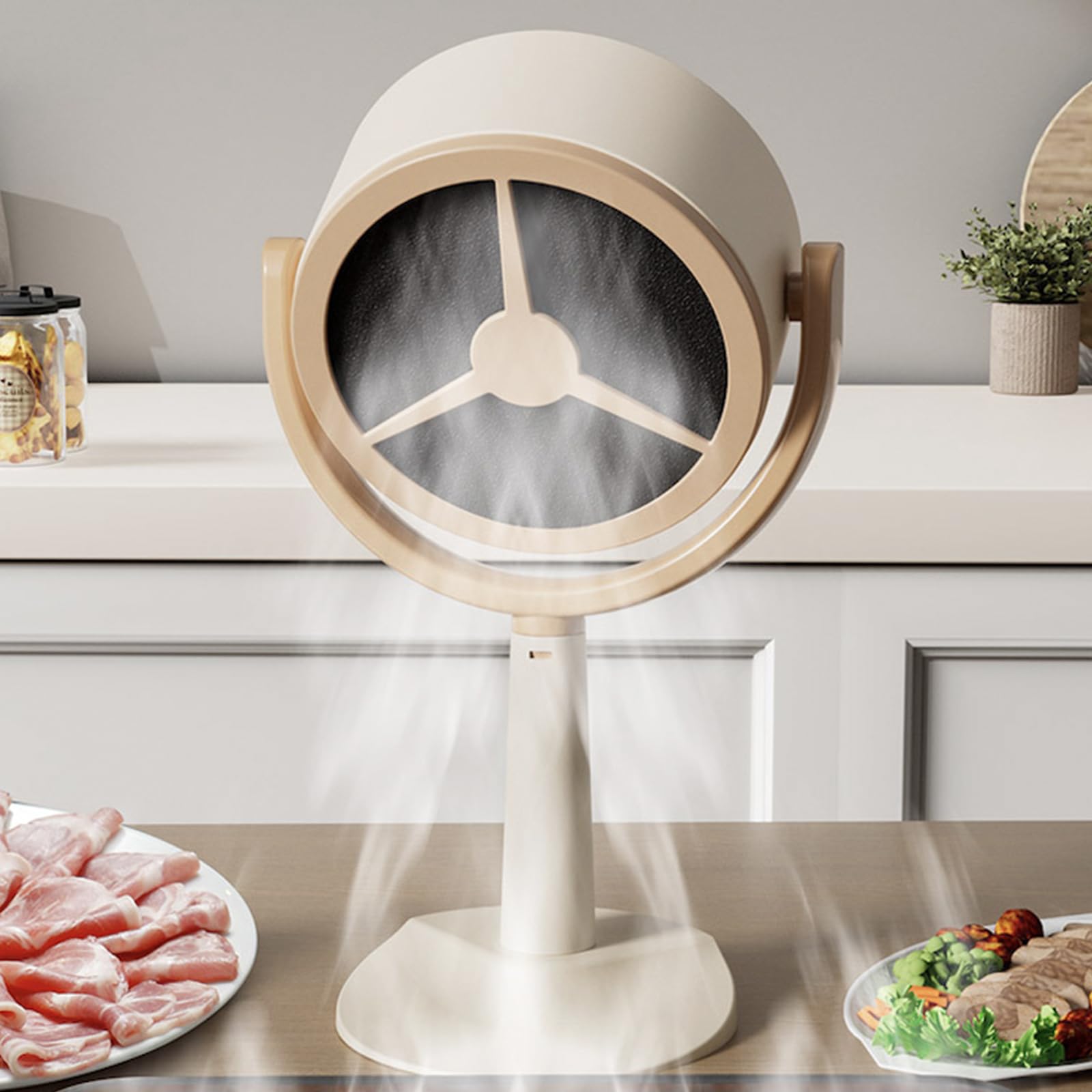 Hotte de bureau portable rechargeable, extracteur d'air de cuisine portable avec 2 vitesses de vent pour la maison, la cuisine, le camping-car, beige