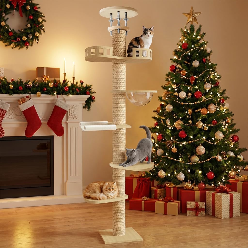 Cat Tree Tower, Height-Adjustable Floor-to-Ceiling Cats Activity Tree 6-Tier Hemp Scratching Post Multi-Level Cat Furniture Large Cats Scratching Post for Indoor and Outdoor Use (A)