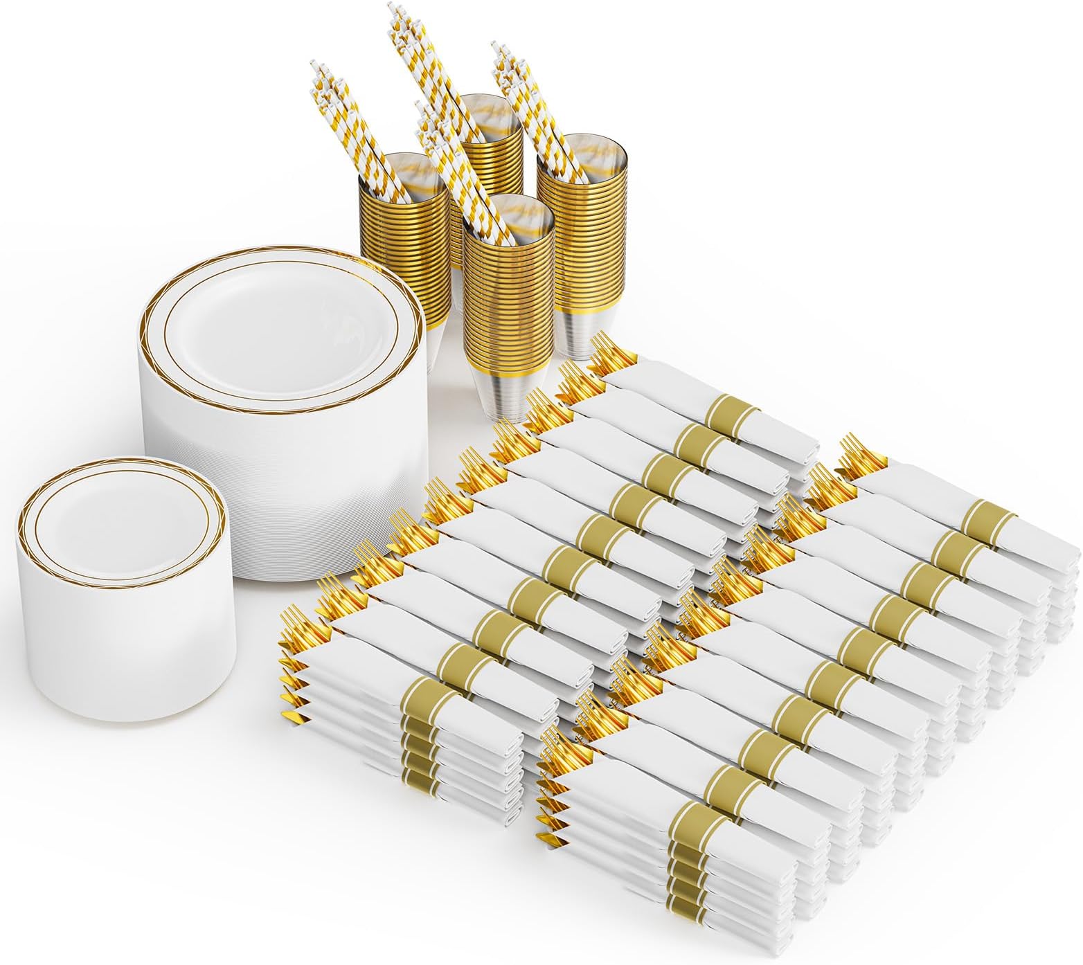 ROVSUN 800 Piece Gold Disposable Dinnerware Set for 100 Guests - Elegant Plastic Plates, 100 Pre-Rolled Napkins, Silverware, Dinner & Dessert Plates, Cups, Straws
