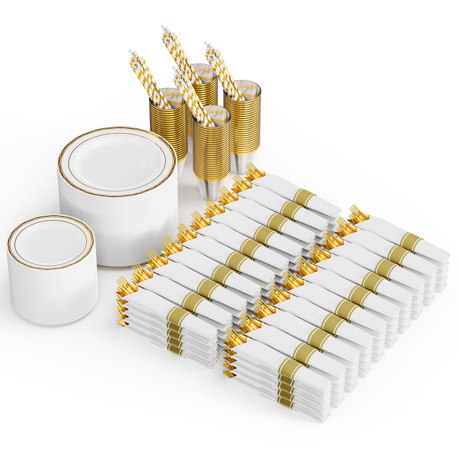 ROVSUN 800 Piece Gold Disposable Dinnerware Set for 100 Guests - Elegant Plastic Plates, 100 Pre-Rolled Napkins, Silverware, Dinner & Dessert Plates, Cups, Straws