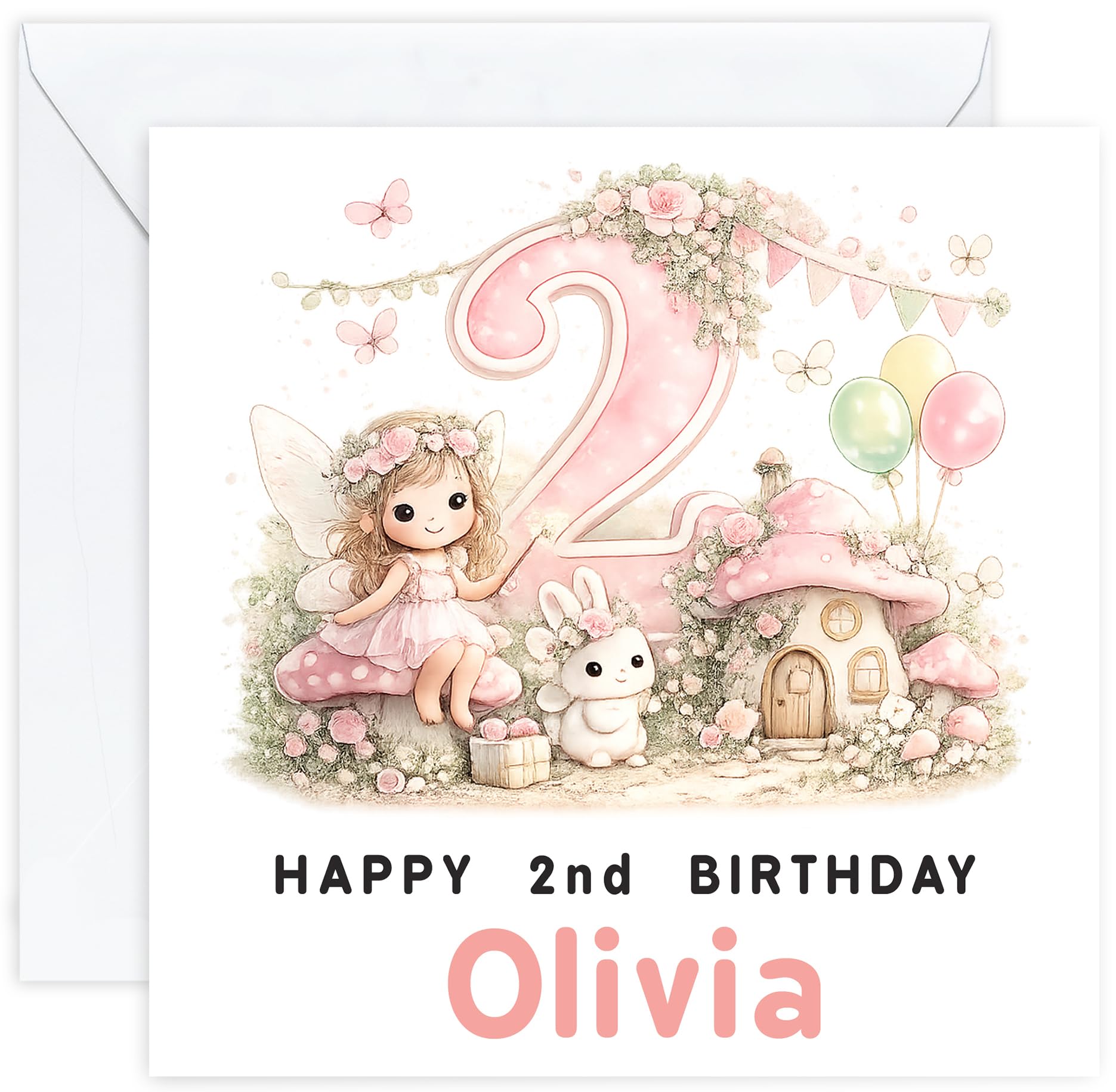 Personalised 2nd Birthday Card for Girl | Two Year Old Girls Birthday Card with Name | For Her, Daughter, Granddaughter, Niece or Goddaughter (Design 5)