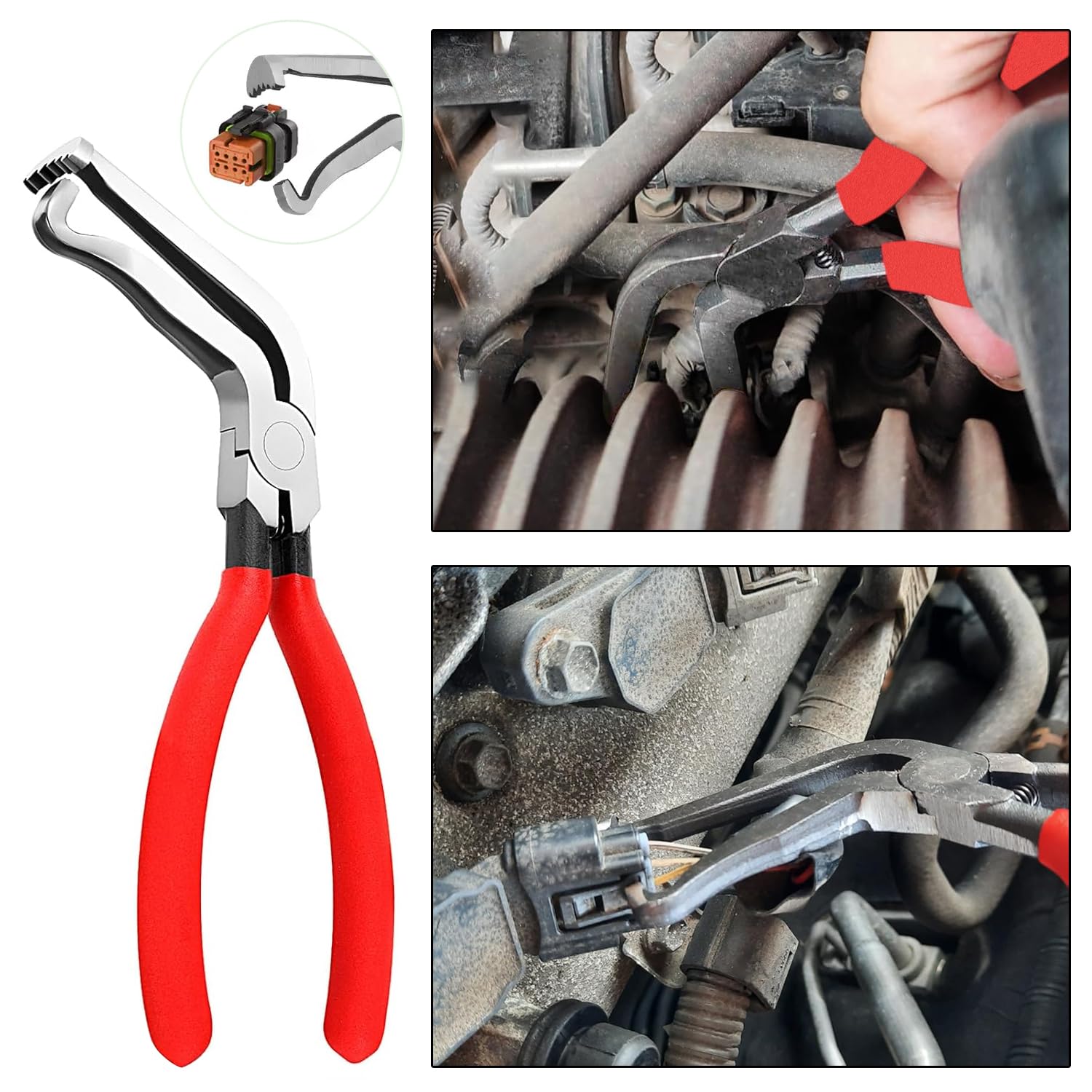 Juego de herramientas de desconexión de conector eléctrico: alicates rectos y en ángulo de 60°, herramienta separadora de doble extremo y alicates de abrazadera de manguera de cuello Clic/Clic-R para