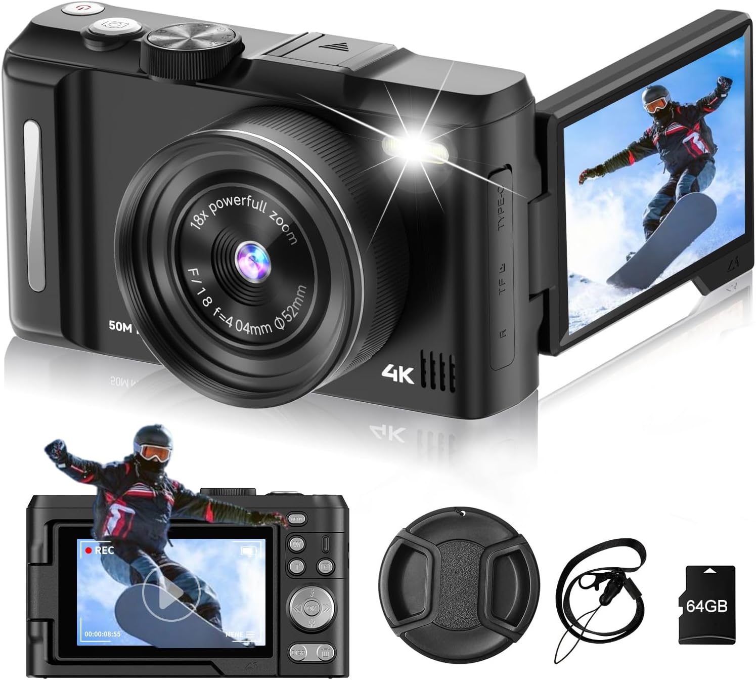 Digital Camera 4K for Photography, 50MP Vlogging Camera for YouTube Video with Flash and 3" 180° Flip Screen, 18X Digital Zoom Compact Travel Cameras with 64GB TF Card for Teens Beginner (Black)