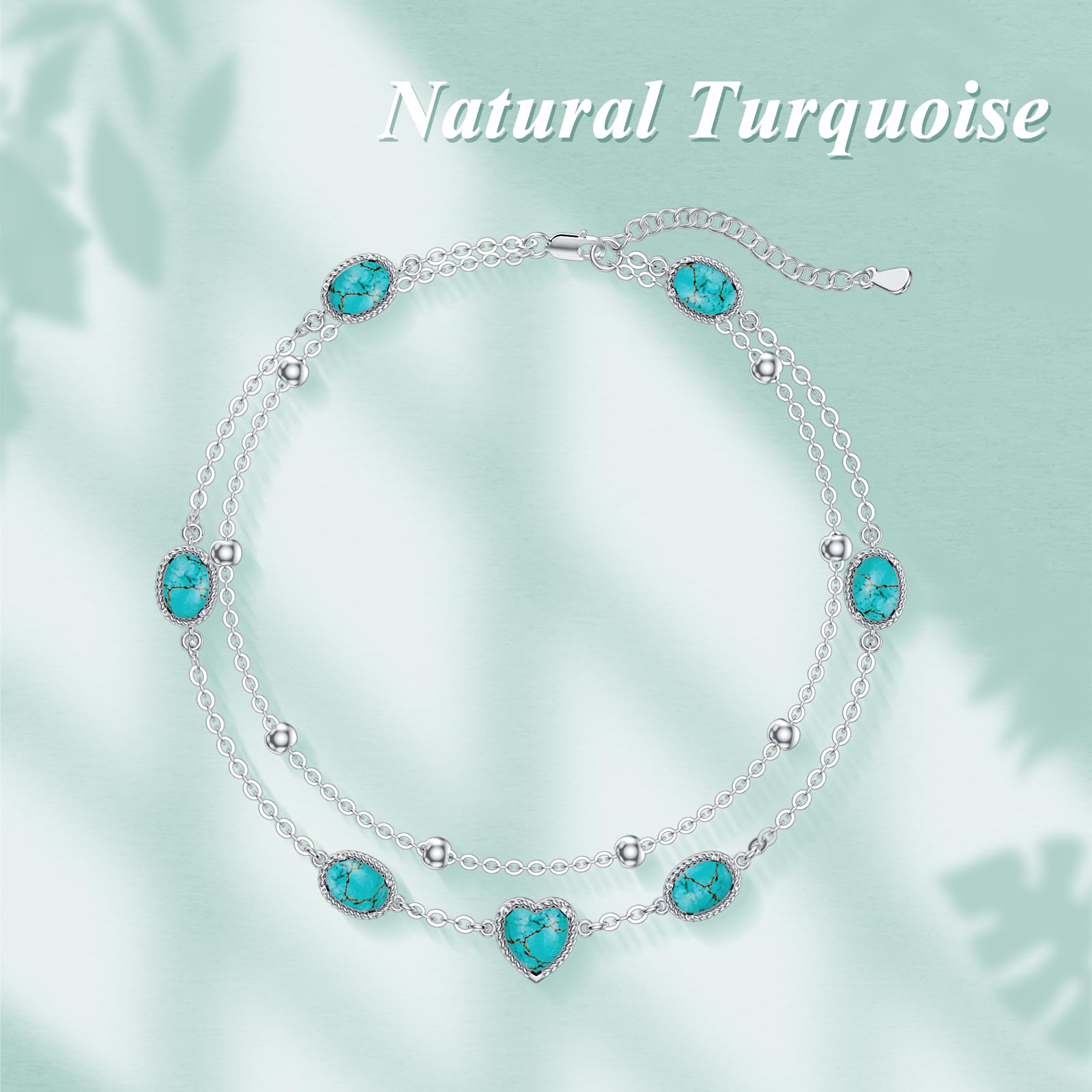 Cavigliera in turchese naturale, da donna, in argento Sterling 925, regolabile, multistrato, per la spiaggia e l'estate