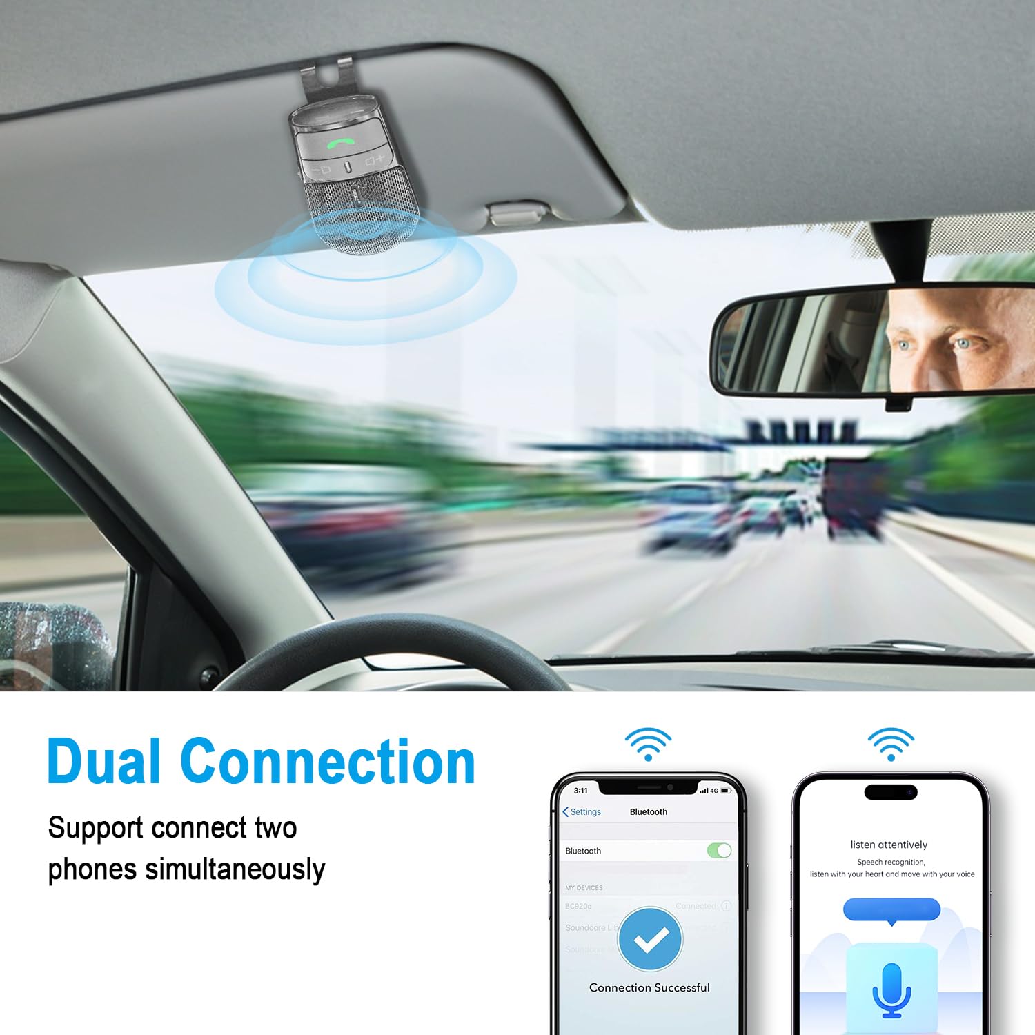 Kit vivavoce Bluetooth 5.3 per auto, altoparlante per auto, kit vivavoce per parasole, doppio telefono, supporto Siri Assistant con microfono auto Power On compatibile con Samsung iPhone Android