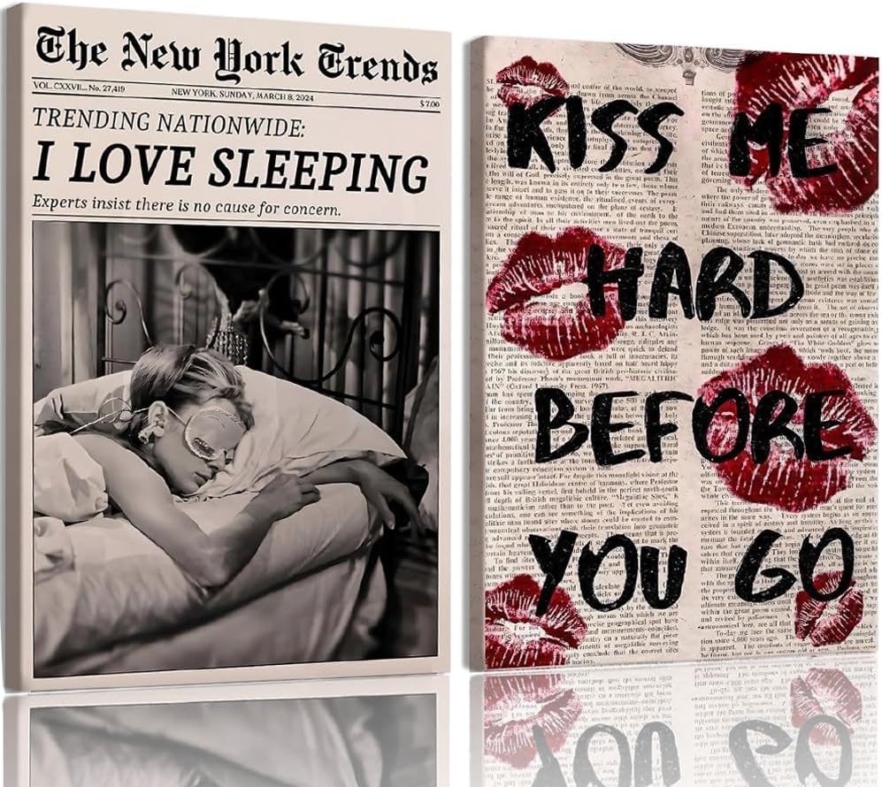 2Pcs Framed Vintage Black and White Feminist Wall Art Trendy Newspaper Wall Décor Aesthetic Canvas Posters Sleeping Funky Girl Paintings Kiss Lips Prints for Bedroom Girly Dorm Room (White Feminist, 12X16inch, Framed)