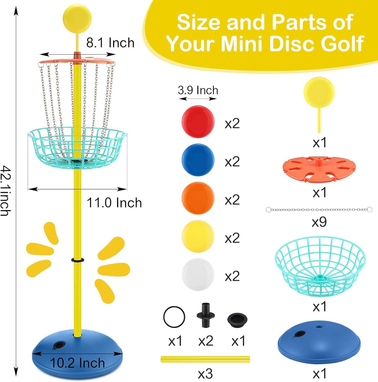 Meooeck 42 Inches Mini Disc Golf Baskets with 10 Flying Discs Golf Starter Set for Indoor Outdoor Yard and Beach Games