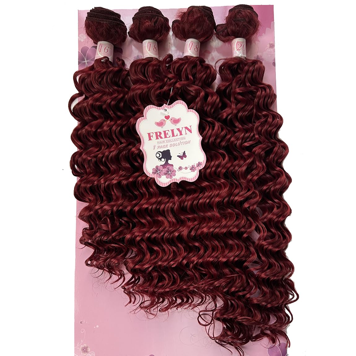 FRELYN Synthetic Hair Deep Wave Bundles Curly Quick Weave Sew in Hair Extensions Burgundy Color 16 18 18 20 Inches 4 Bundles in 1 Pack Heat Resistant