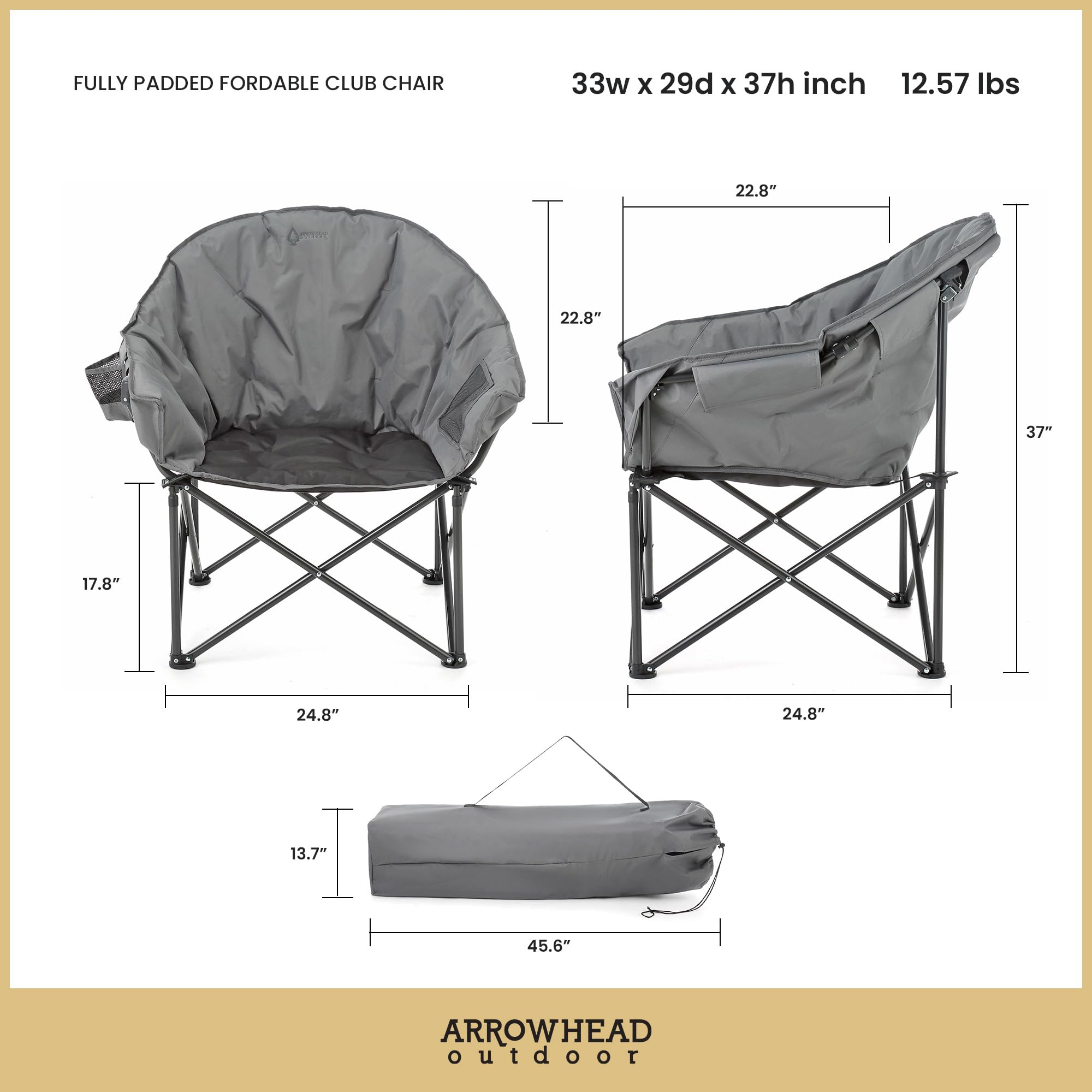 ARROWHEAD OUTDOOR Bardzo duże wytrzymałe krzesło kempingowe klubowe z kieszenią zewnętrzną, uchwytem na napoje, przenośne, wyściełane, księżycowe, okrągłe, spodek, nośność 150 kg, torba do noszenia,