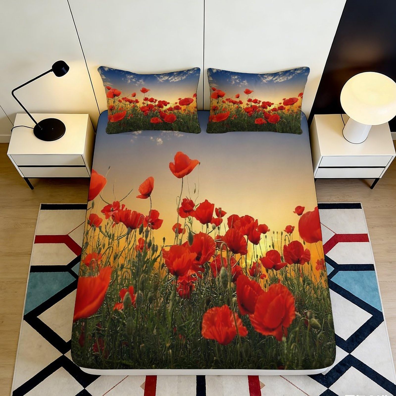 3D Printed Red Poppy Field Fitted Sheet Microfiber Soft Breathable Sunset Meadow Bed Cover for Bedroom Guest Room Decor 200x200x25cm