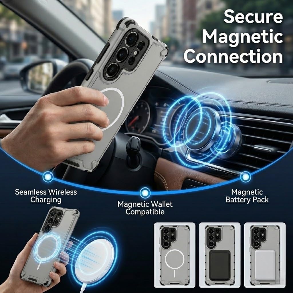 Magnetic Case for Samsung Galaxy S26/S25/S24 Ultra & Plus, Slim Matte Shockproof PC TPU Cover, Strong Magnetic Alignment, Scratch Resistant [Compatible with MagSafe](Gray,S24 Ultra)