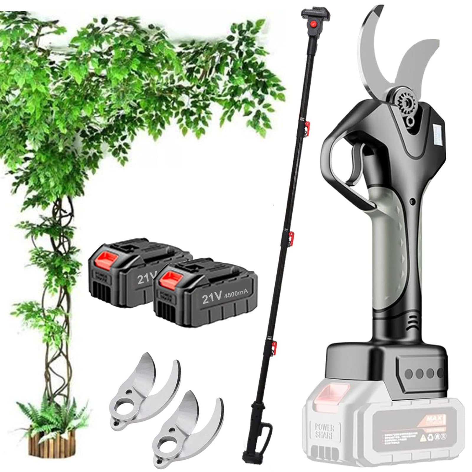 Tijeras Podar Eléctricas Con Batería De Litio Y Mango De Extensión 2.1m - Corte Máximo 50mm, Cuchillas SK5, Solo 0.8kg Para Mantenimiento De Fincas(2 Battery)