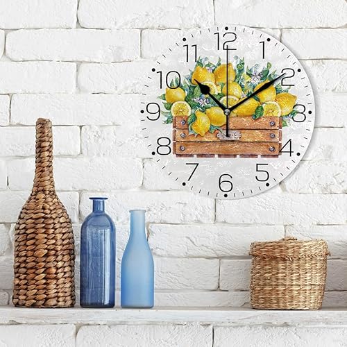 Miniatura 3 de Caja de madera con limones amarillos, fruta, reloj de pared de moda, sin marco, decorativo, para cocina, dormitorio, sala de estar, aula, decoración