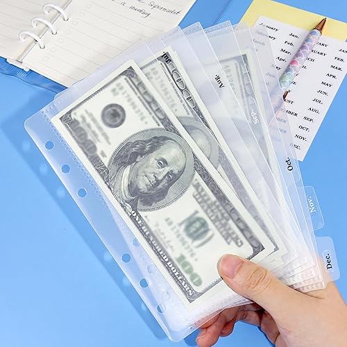 Miniatura 3 de Juego de 2 separadores de carpetas A6 con bolsillos y pestañas, sobres transparentes para dinero en efectivo, bolsa tipo cartera sin cremallera y 2