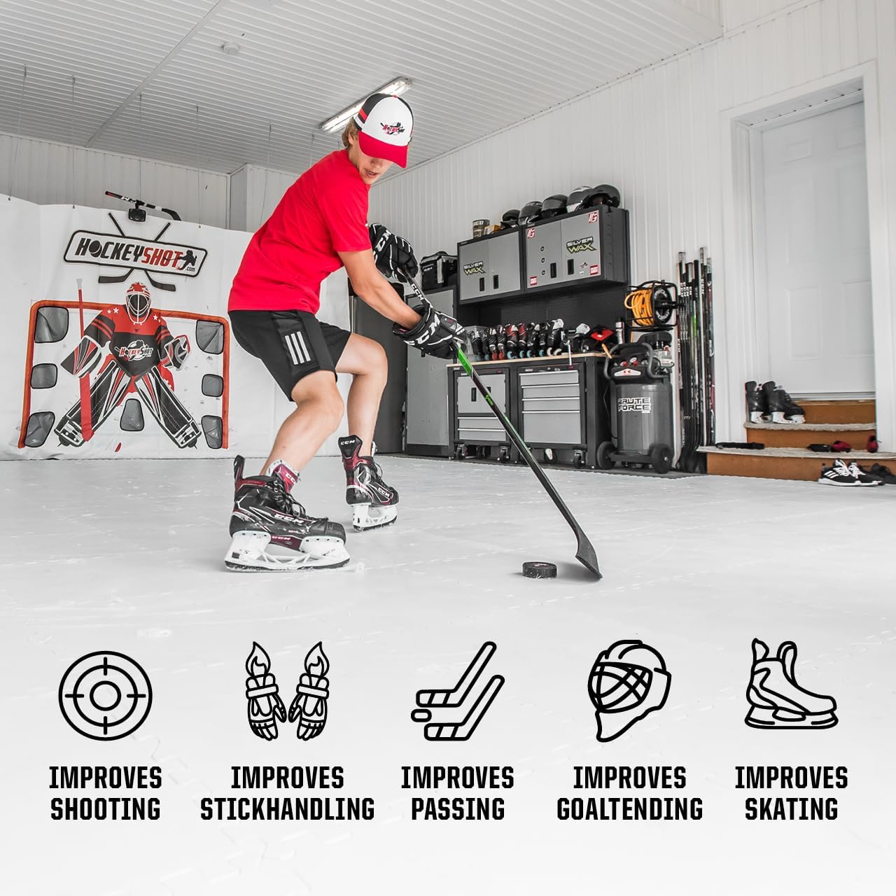 HockeyShot Revolution Synthetic Ice Tiles 10 Pack, 18x18, White - Skate-Able Hockey Tiles for All Ages, Build Your Own Year-Round Hockey Training Surface, Durable, Easy Install, Made in Canada.