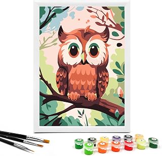 Nariolar Paint by Numbers for Kids Ages 4-8 with 7X9.5 inch Pre-Printed Cardboard,12 Acrylic Paint Pots and 3 Painting Brushes, Craft Gift Room Decor for Children,(Cute Owl)
