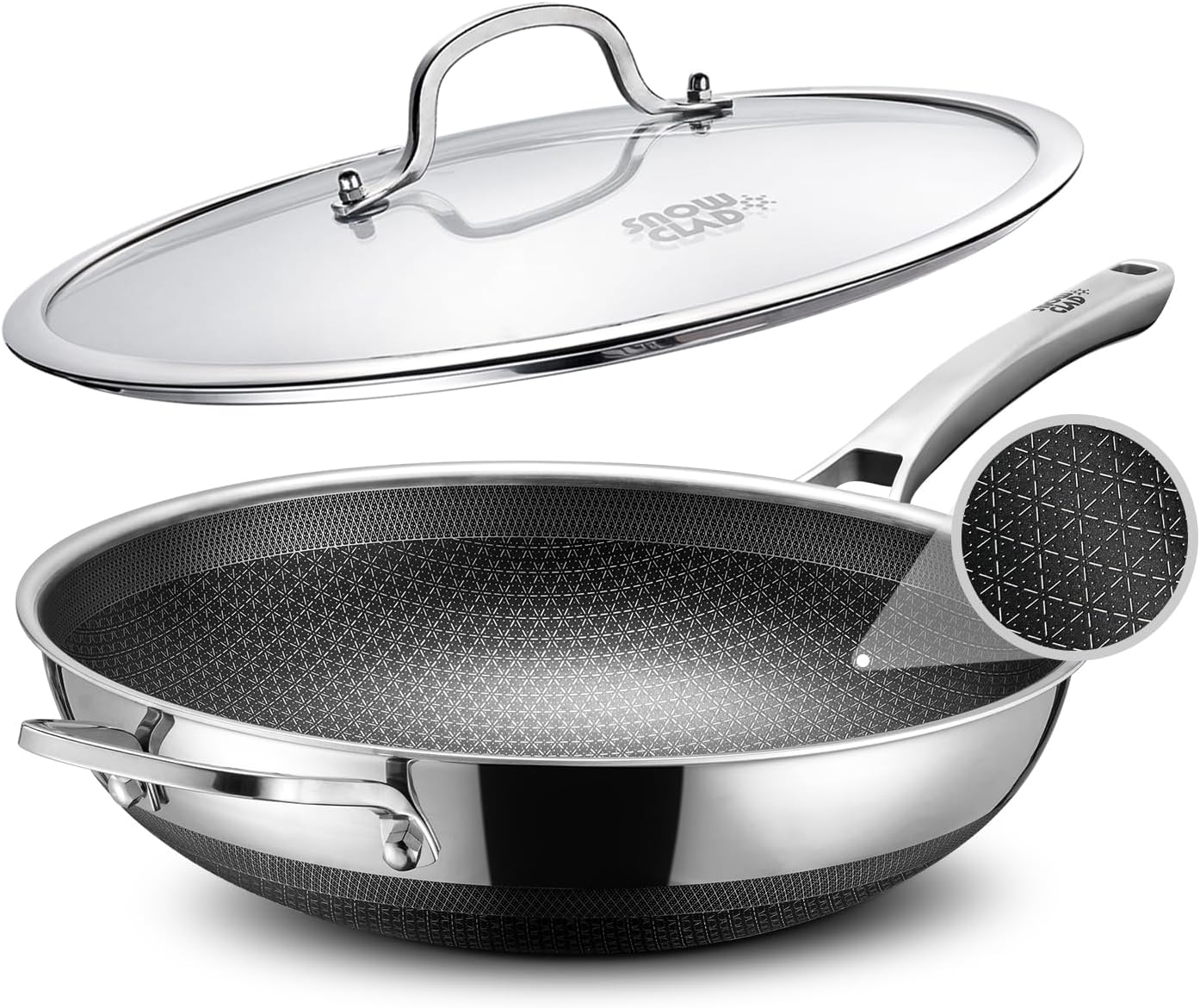 Wok, 13 Inch Hybrid Woks & Stir-fry Pans Nonstick, Non Toxic Stainless Steel Wok Pan with Lid, Dishwasher Induction Oven Broiler Safe, PFOA Free Cookware Non Stick