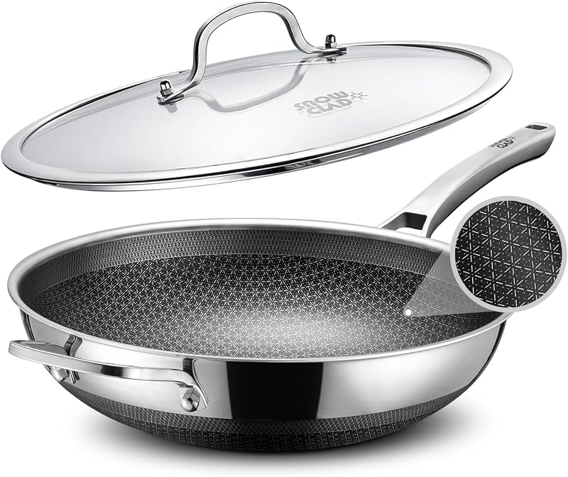 Wok, Woks híbridos de 13 pulgadas y sartenes para saltear antiadherentes, sartén wok de acero inoxidable no tóxica con tapa, apto para lavavajillas, horno de inducción, asador, utensilios de cocina sin PFOA antiadherentes