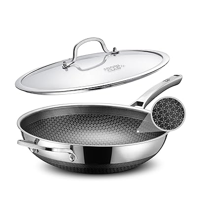 Wok, 13 Inch Hybrid Woks & Stir-fry Pans Nonstick, Non Toxic Stainless Steel Wok Pan with Lid, Dishwasher Induction Oven Broiler Safe, PFOA Free Cookware Non Stick