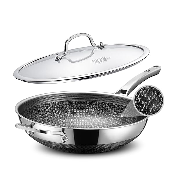 Wok, 13 Inch Hybrid Woks & Stir-fry Pans Nonstick, Non Toxic Stainless Steel Wok Pan with Lid, Dishwasher Induction Oven Broiler Safe, PFOA Free Cookware Non Stick