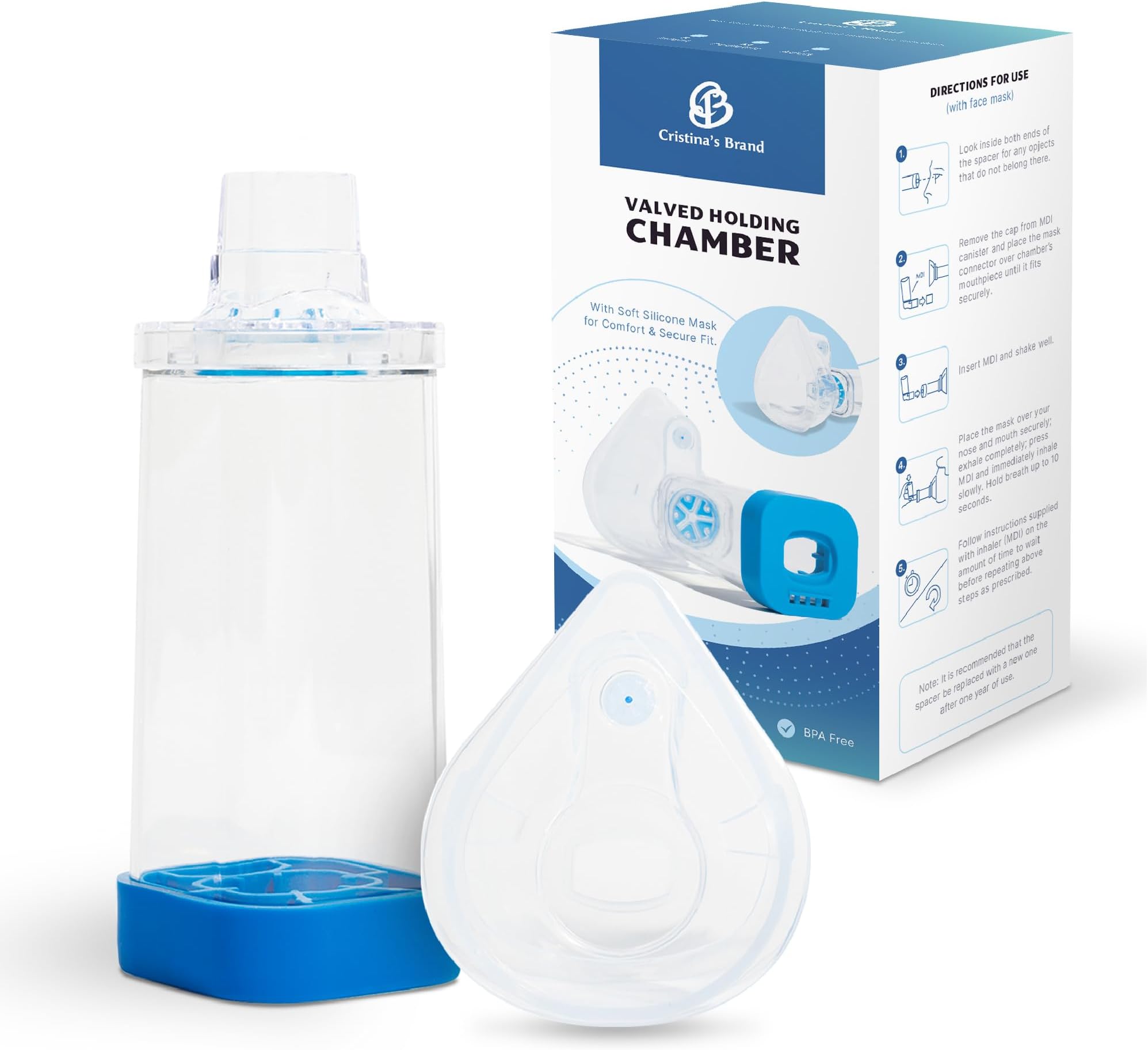 PEHANAN Inhaler Spacer for Adults, Aerochamber Spacer with Comfortable Adult Face Mask, Spacer for Inhaler & MDI, Improves Pump & Aeroflow Chamber Delivery for Asthma, Blue