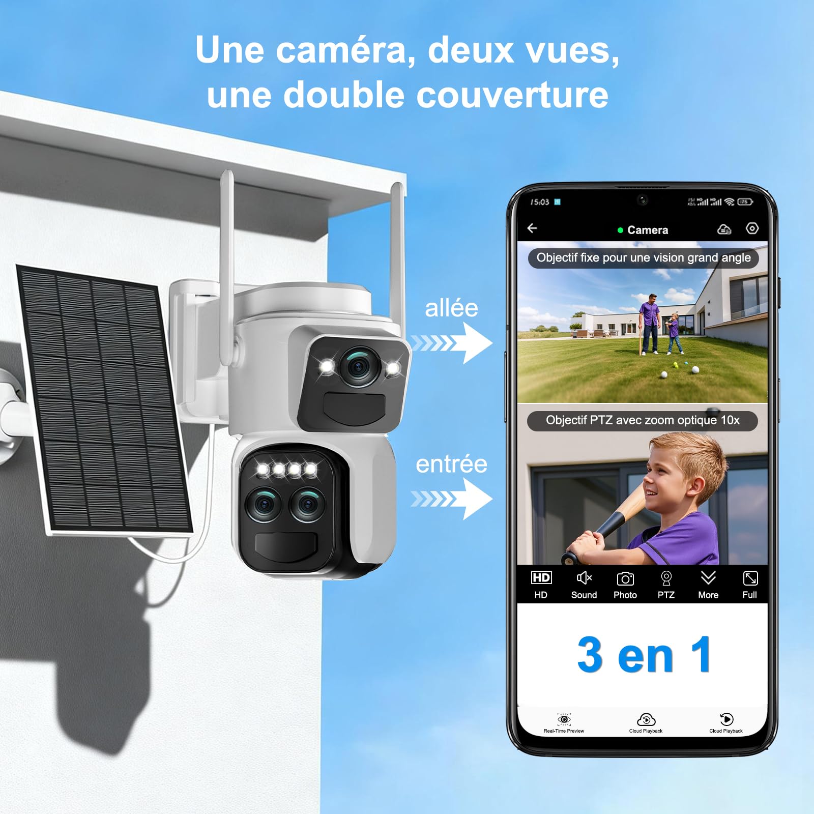 4K Caméra de Surveillance WiFi Exterieure sans Fil,10X Triple Objectif Camera Extérieur Solaire avec Panneau,Vision Vocturne,Alarme,Batterie,2.4GHZ,Audio Bidirectionnel,Suivi Automatique,IP66,355° PTZ
