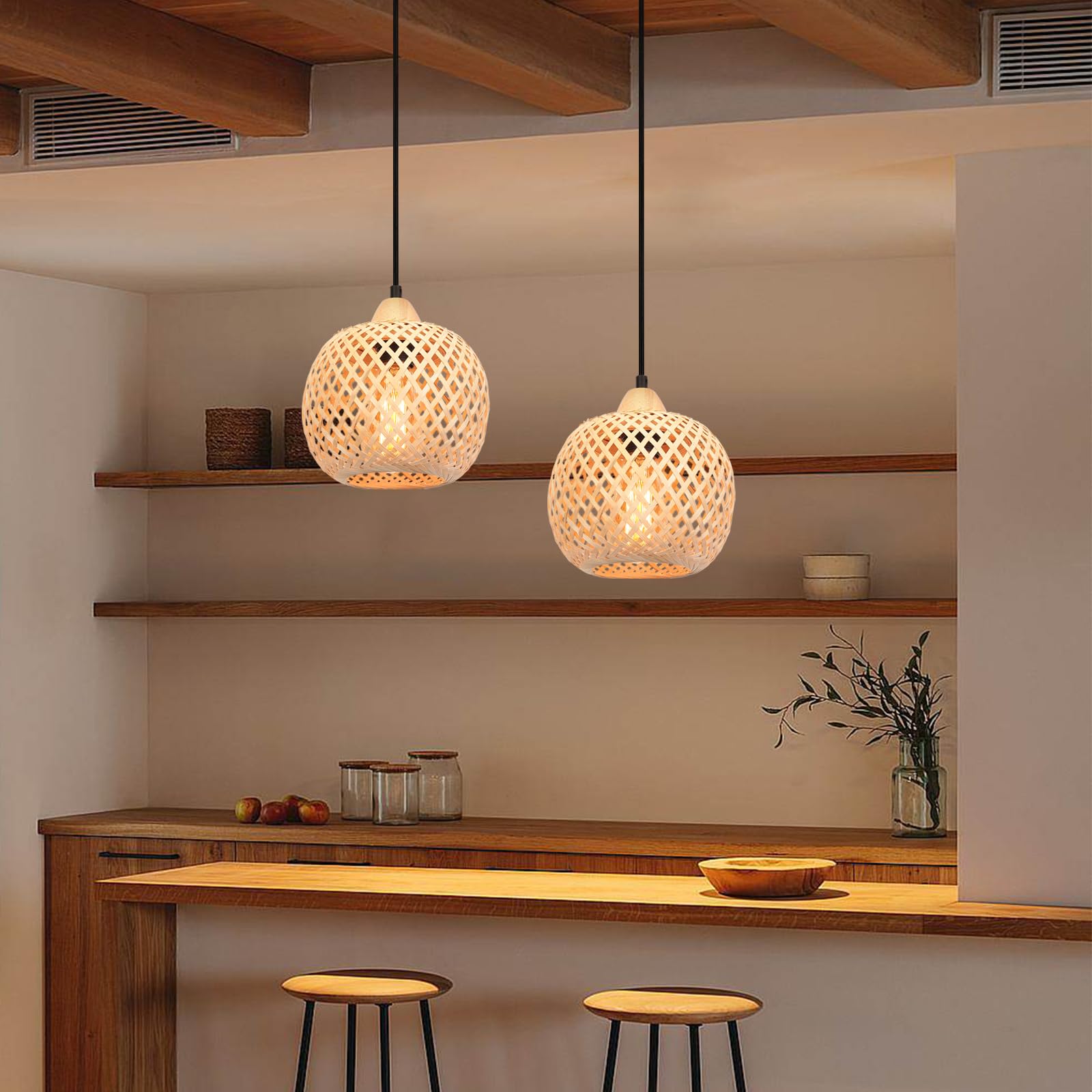 2 Stück Pendelleuchte Bambus Weben Kronleuchter Rattan Boho Style Bambus Lampenschirm Vintage Deckenlampe Dekoration Deckenleuchte für Restaurant, Wohnzimmer, Küche, Café