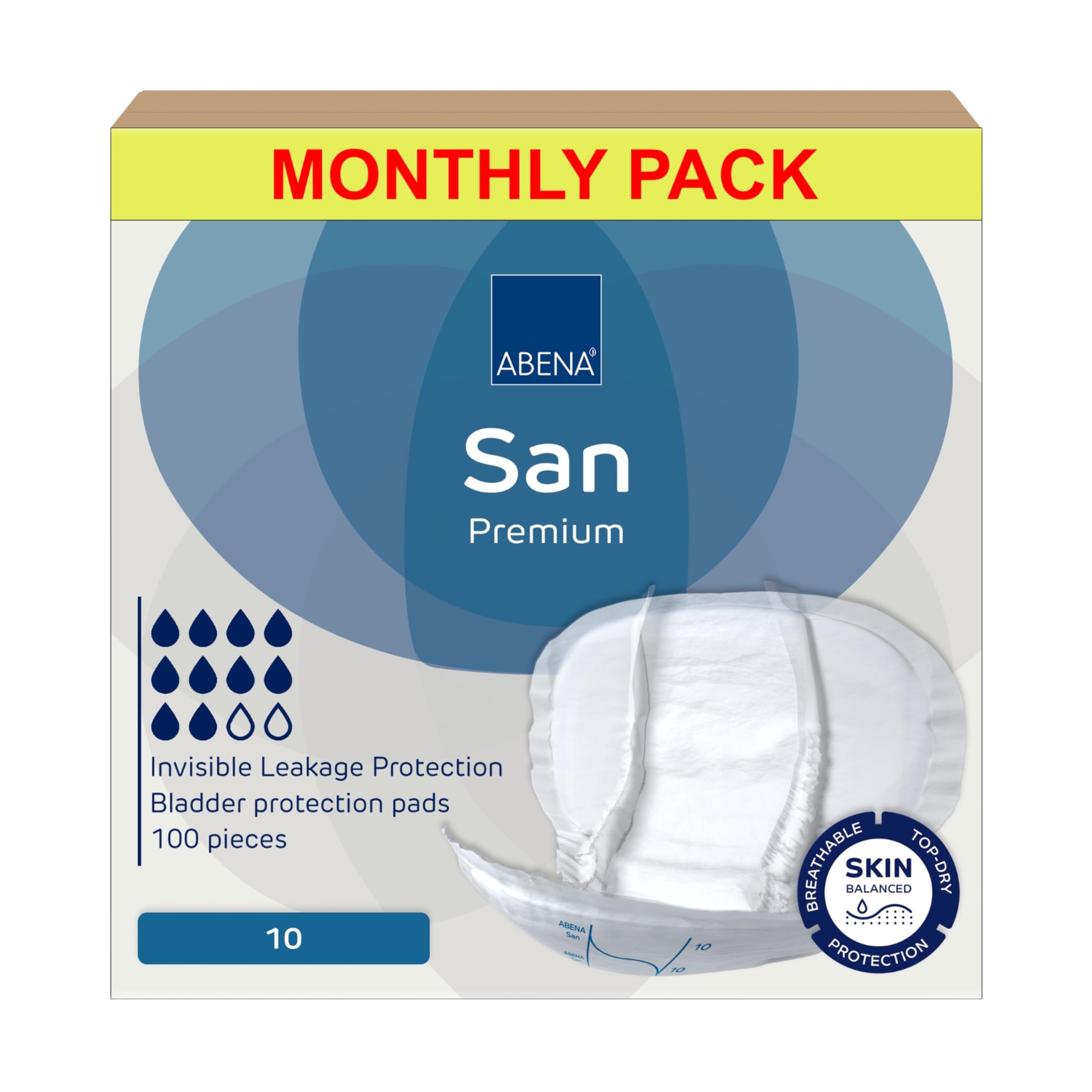 ABENA San Premium Mens & Womens Incontinence Pads, Breathable & Comfortable, Fast Absorption, Discreet & Effective Shaped Incontinence Pads for Men/Women- Premium 10, 2800ml Absorbency, 4x 25PK