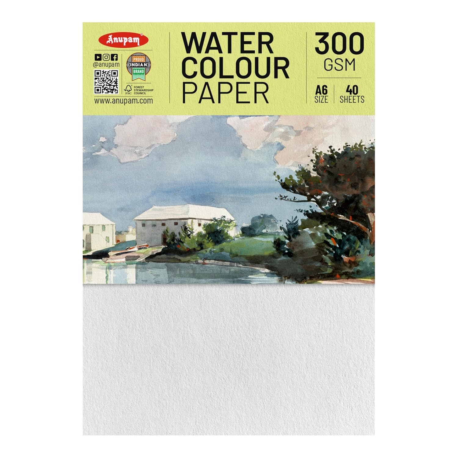 Anupam Aquarellpapier - 300 g/m² - pH-neutral - säurefrei - Kaltpresspapier - 40 Blatt - A6