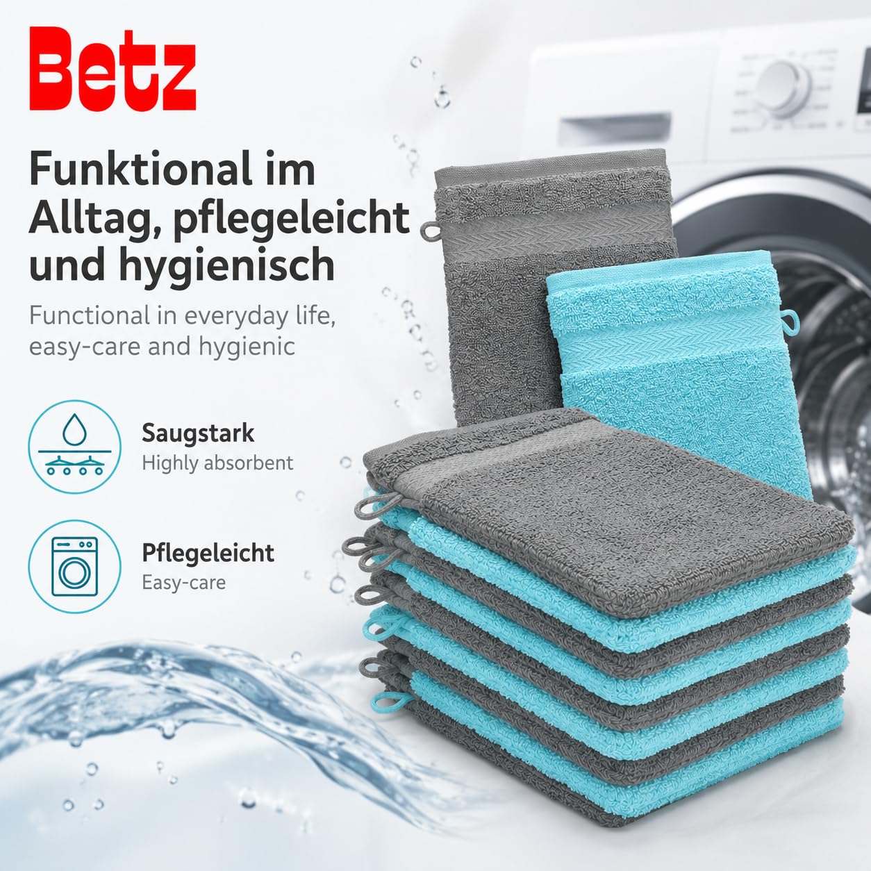 Betz Paquete de 10 Manoplas de baño Premium 100% algodón 16x21cm de Color Gris Antracita y Turquesa