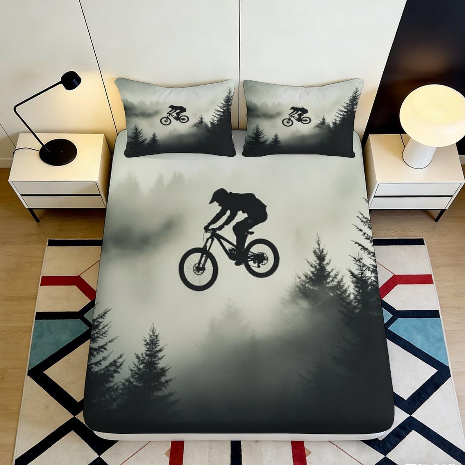 3D Printed Mountain Forest Fitted Sheet Microfiber Soft Breathable Cycling Rider Mattress Cover for Bedroom Dorm Decor 200x200x25cm