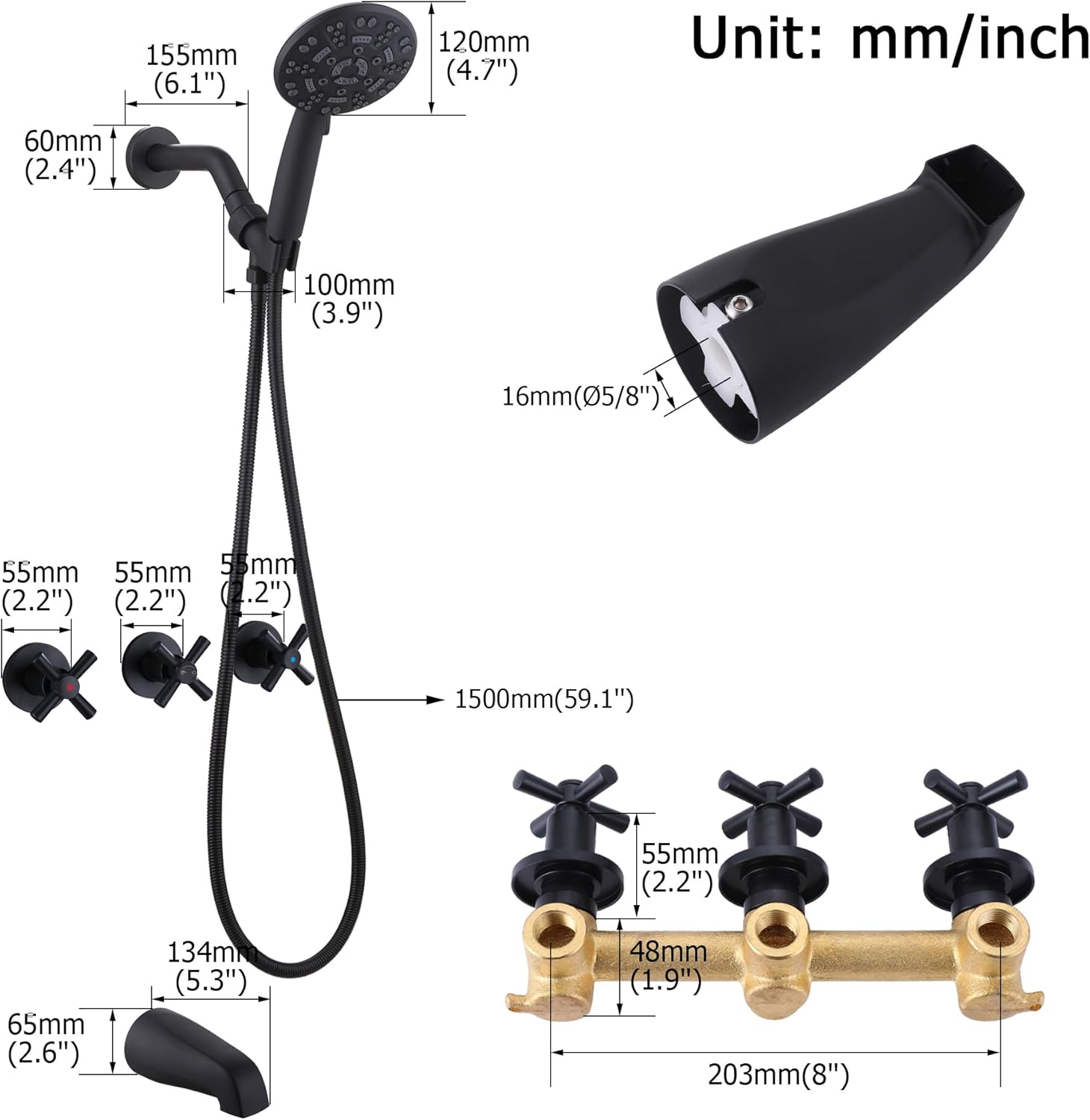 3 Handles Shower Tub Kit,Tub and Shower Faucet Set with 8-Setting Handheld Shower Head and Tub Spout,Matte Black
